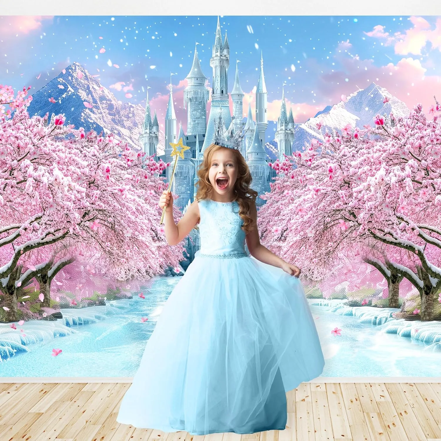 Riyidecor Winter Castle Backdrop Polyester Fabric Ice Wonderland Fairy Pink Sakura Flower Princess Snowflake Crystal Ice 7Wx5H Feet Girls Princess Photography Background Birthday Photo Studio Shoot