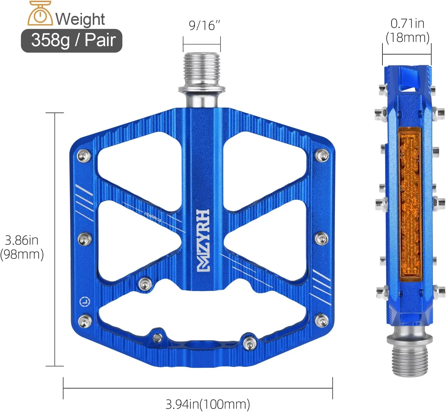 Road/Mountain Bike Pedals,Bicycle Pedals with Reflectors,Aluminum Alloy MTB Pedals 3 Sealed Bearings Bicycle Platform Pedals 9/16" BMX Road Bike Pedal