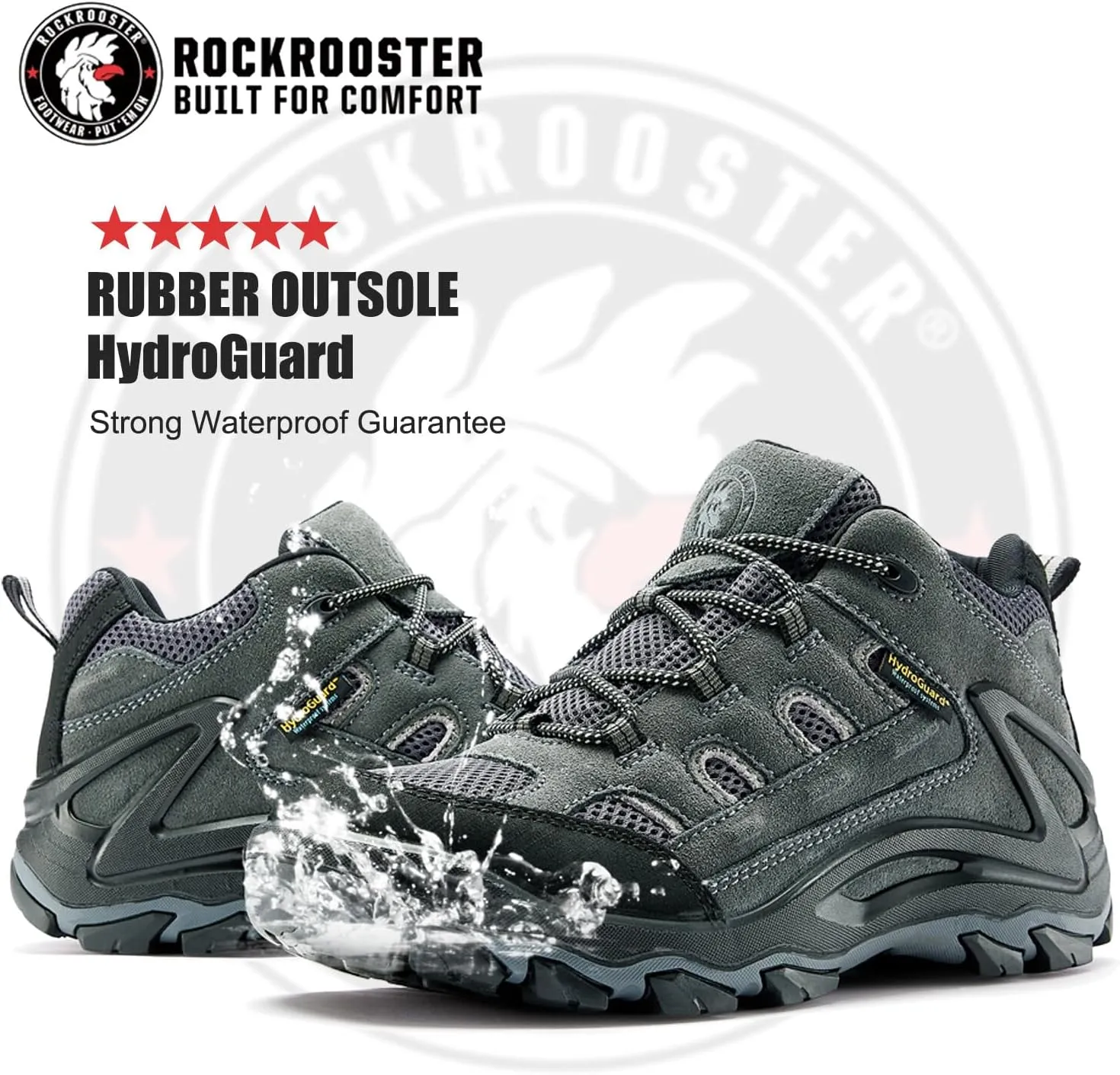 ROCKROOSTER Newland Waterproof Hiking Boots for Men, 4" & 6" Suede Leather Trekking Boots, Anti-Fatigue Outdoor Shoes, Ankle Support, Non-Slip, Comfortable, Shock Absorption KS55