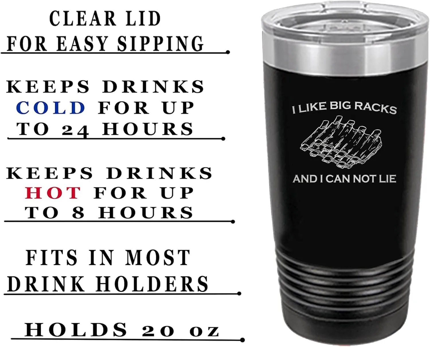 Rogue River Tactical Funny Barbecue 20 Oz. Travel Tumbler Mug Cup w/Lid Vacuum Insulated Hot or Cold I Like Big Racks Rib BBQ Grill Gift For Dad (Black)