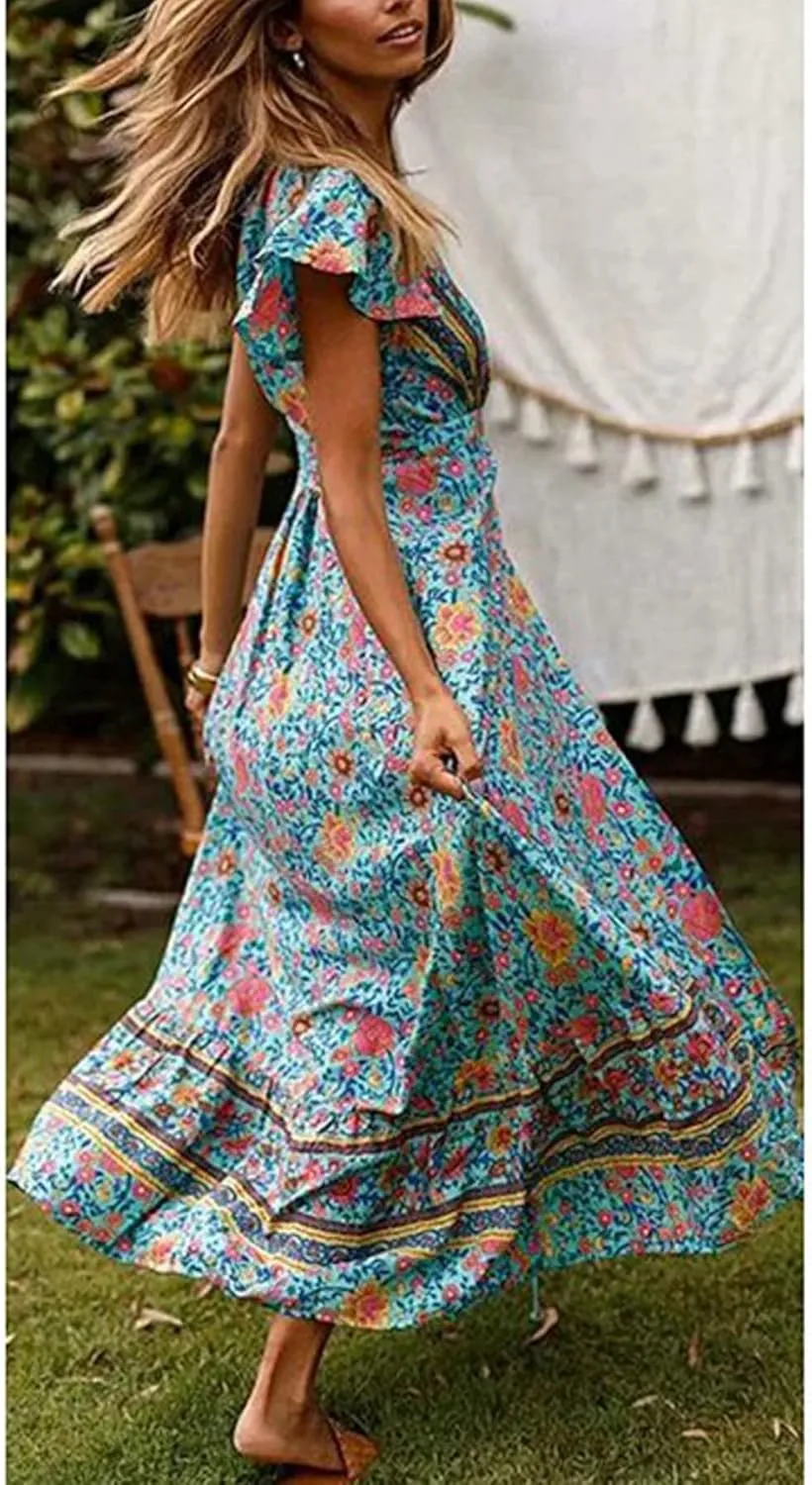 Roll Up Women's Cute Beautiful Lightweight Flowy Ruffle Floral Print Bohemian Maxi Wrap Around Dress