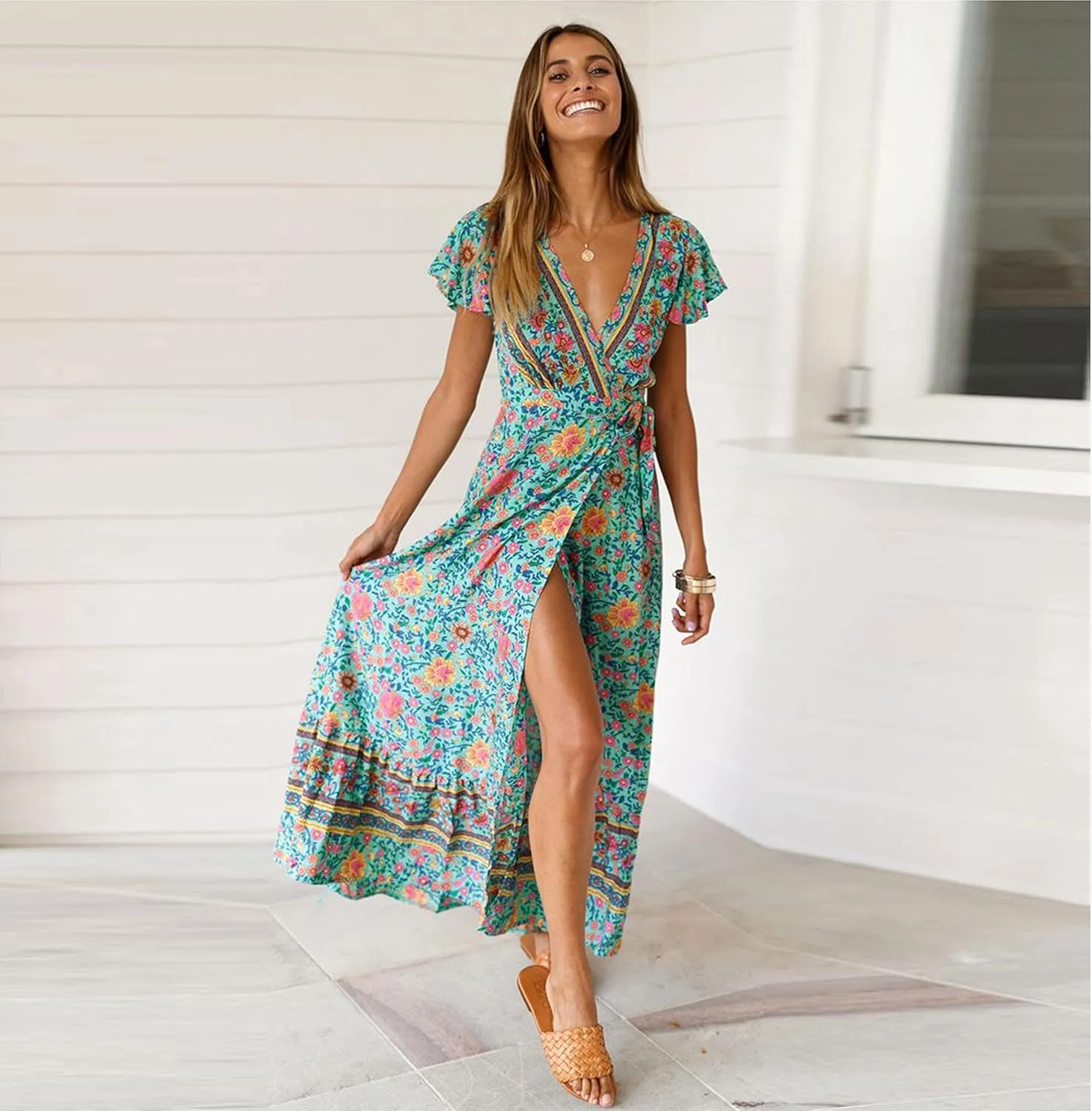 Roll Up Women's Cute Beautiful Lightweight Flowy Ruffle Floral Print Bohemian Maxi Wrap Around Dress