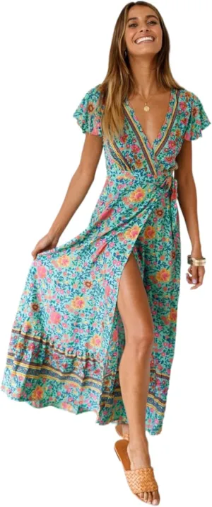 Roll Up Women's Cute Beautiful Lightweight Flowy Ruffle Floral Print Bohemian Maxi Wrap Around Dress