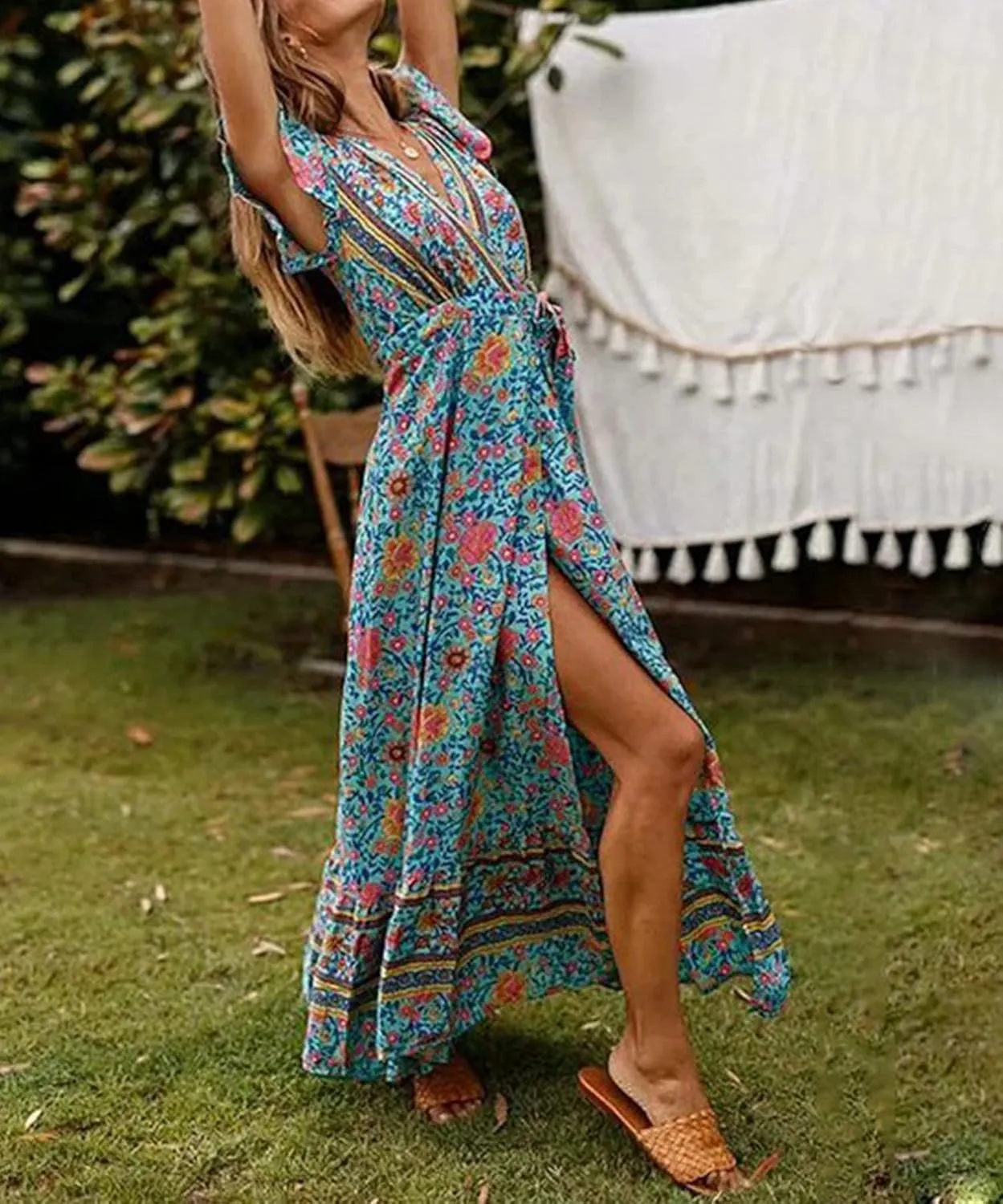 Roll Up Women's Cute Beautiful Lightweight Flowy Ruffle Floral Print Bohemian Maxi Wrap Around Dress