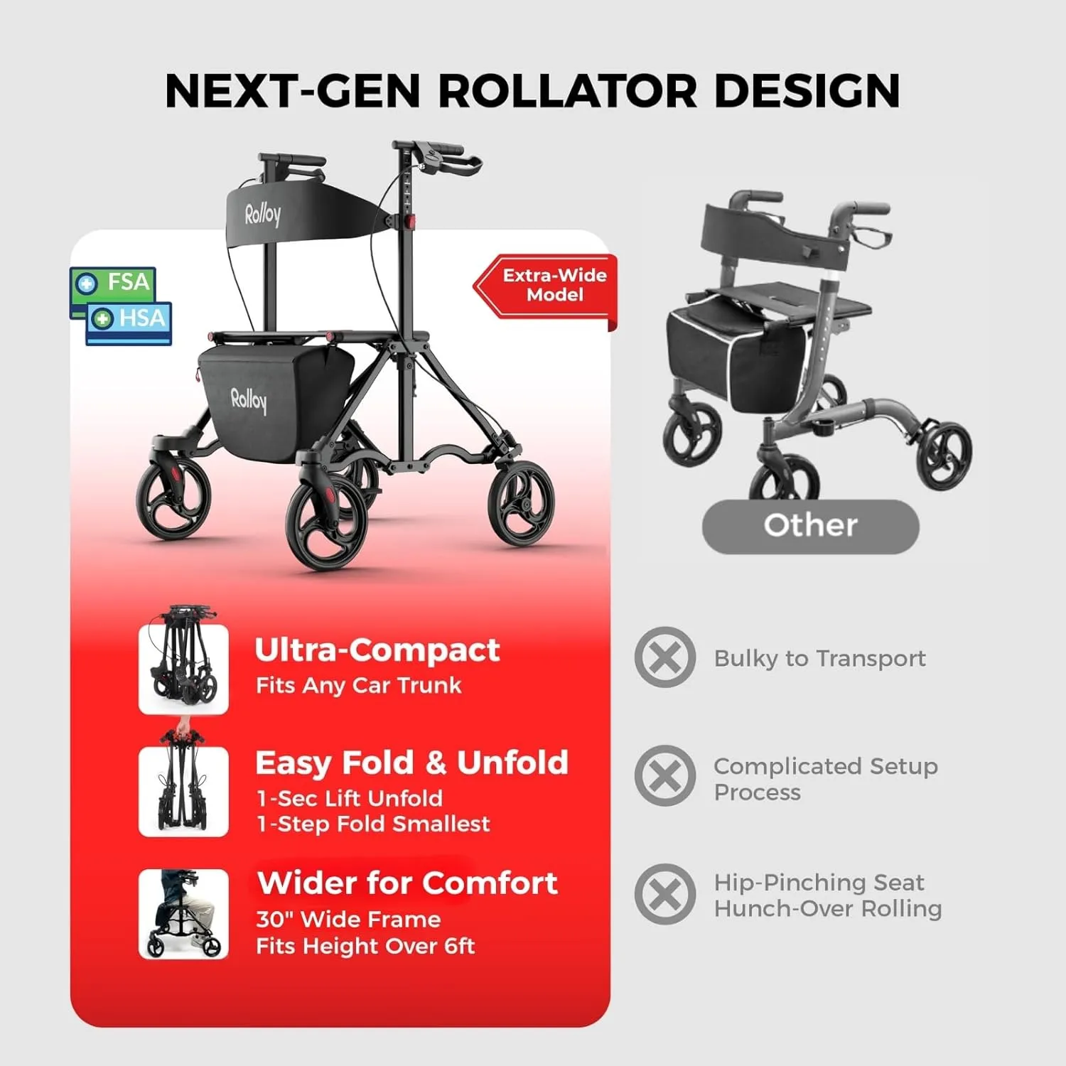 Rollator Walkers for Seniors with Seat, Aluminum Ultra-Compact Travel Rolling Walker, 350lbs Capacity, 22" Extra-Wide Seat, Heavy-Duty, Easy Folding, Height Adjustable for Tall over 6ft, 8" Big Wheels