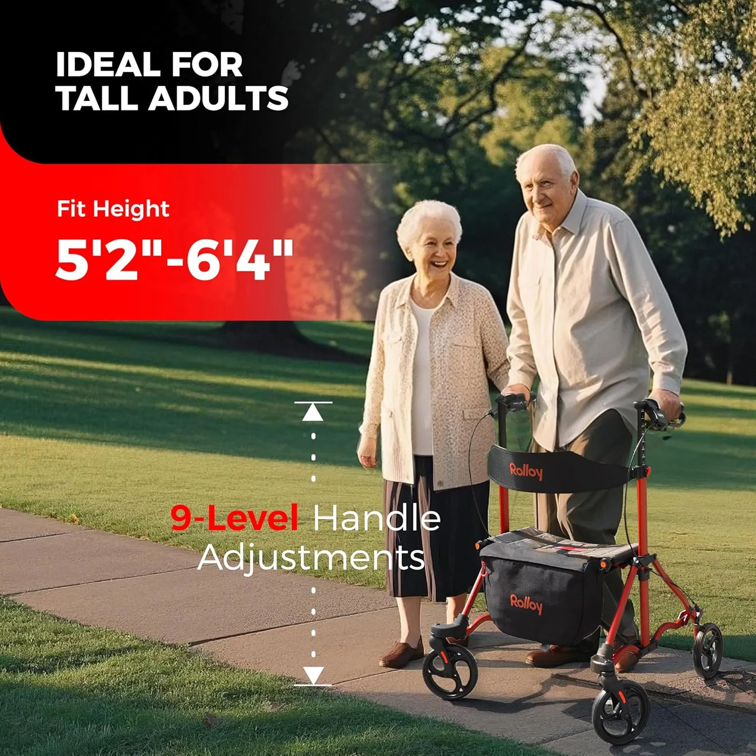 Rollator Walkers for Seniors with Seat, Aluminum Ultra-Compact Travel Rolling Walker, 350lbs Capacity, 22" Extra-Wide Seat, Heavy-Duty, Easy Folding, Height Adjustable for Tall over 6ft, 8" Big Wheels