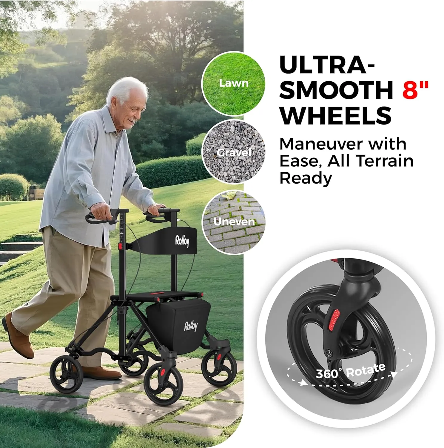 Rollator Walkers for Seniors with Seat, Aluminum Ultra-Compact Travel Rolling Walker, 350lbs Capacity, 22" Extra-Wide Seat, Heavy-Duty, Easy Folding, Height Adjustable for Tall over 6ft, 8" Big Wheels