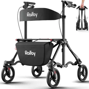 Rollator Walkers for Seniors with Seat, Aluminum Ultra-Compact Travel Rolling Walker, 350lbs Capacity, 22" Extra-Wide Seat, Heavy-Duty, Easy Folding, Height Adjustable for Tall over 6ft, 8" Big Wheels