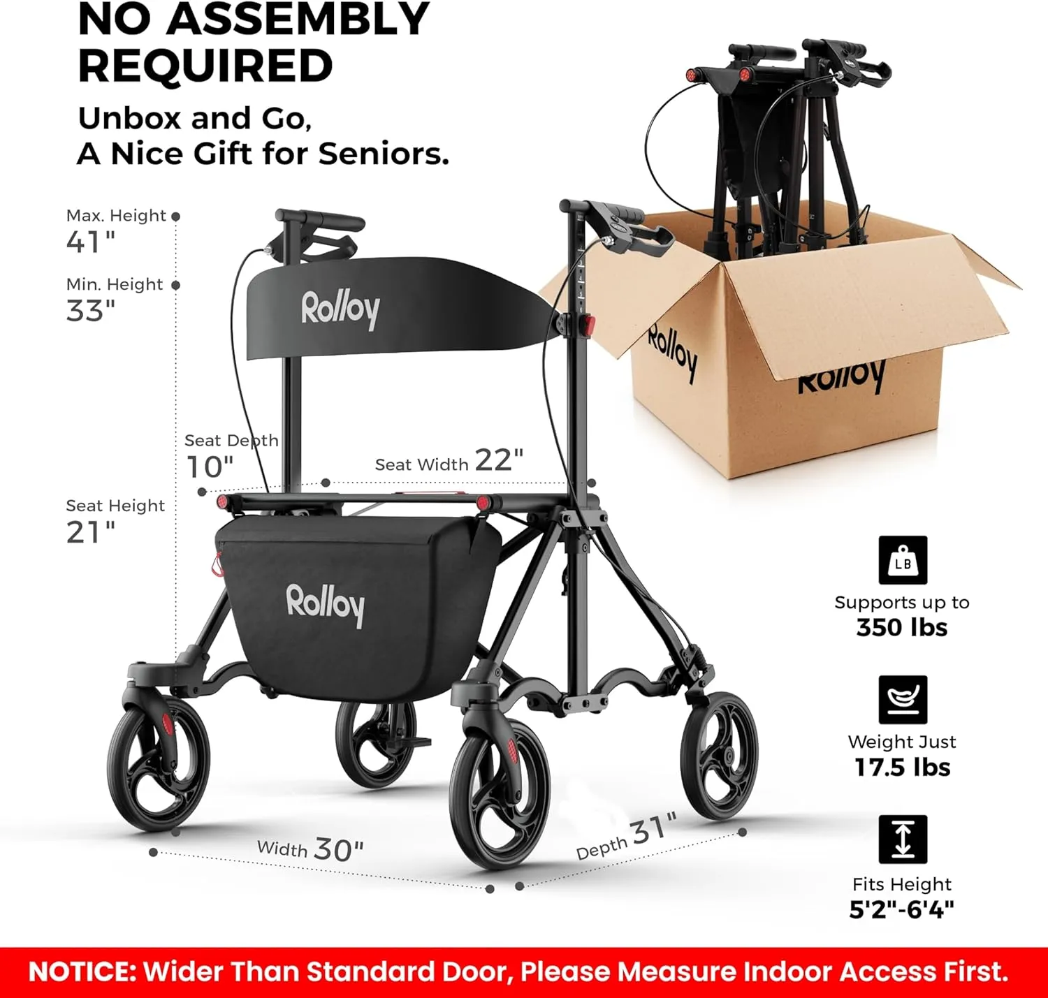 Rollator Walkers for Seniors with Seat, Aluminum Ultra-Compact Travel Rolling Walker, 350lbs Capacity, 22" Extra-Wide Seat, Heavy-Duty, Easy Folding, Height Adjustable for Tall over 6ft, 8" Big Wheels