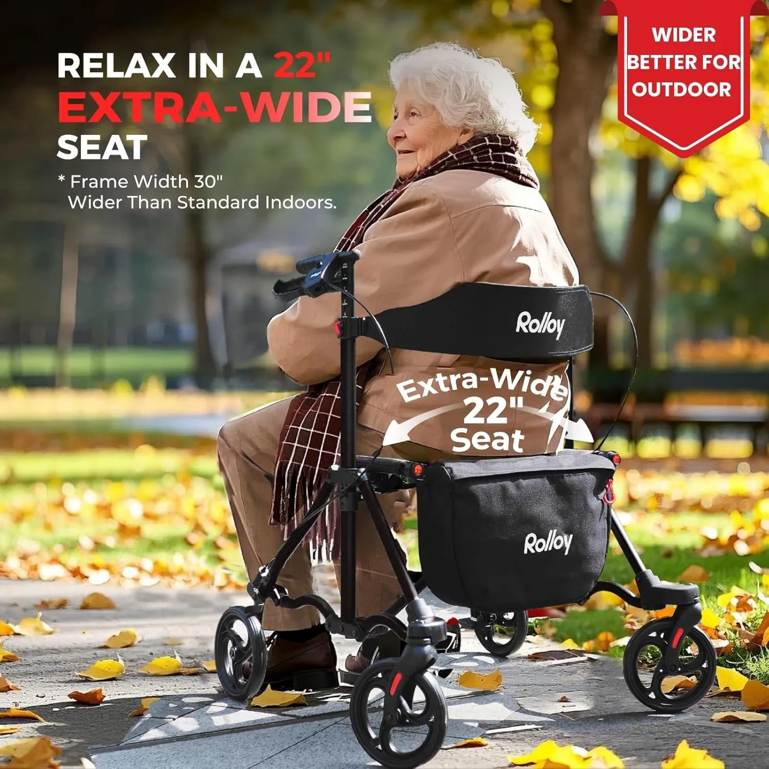 Rollator Walkers for Seniors with Seat, Aluminum Ultra-Compact Travel Rolling Walker, 350lbs Capacity, 22" Extra-Wide Seat, Heavy-Duty, Easy Folding, Height Adjustable for Tall over 6ft, 8" Big Wheels