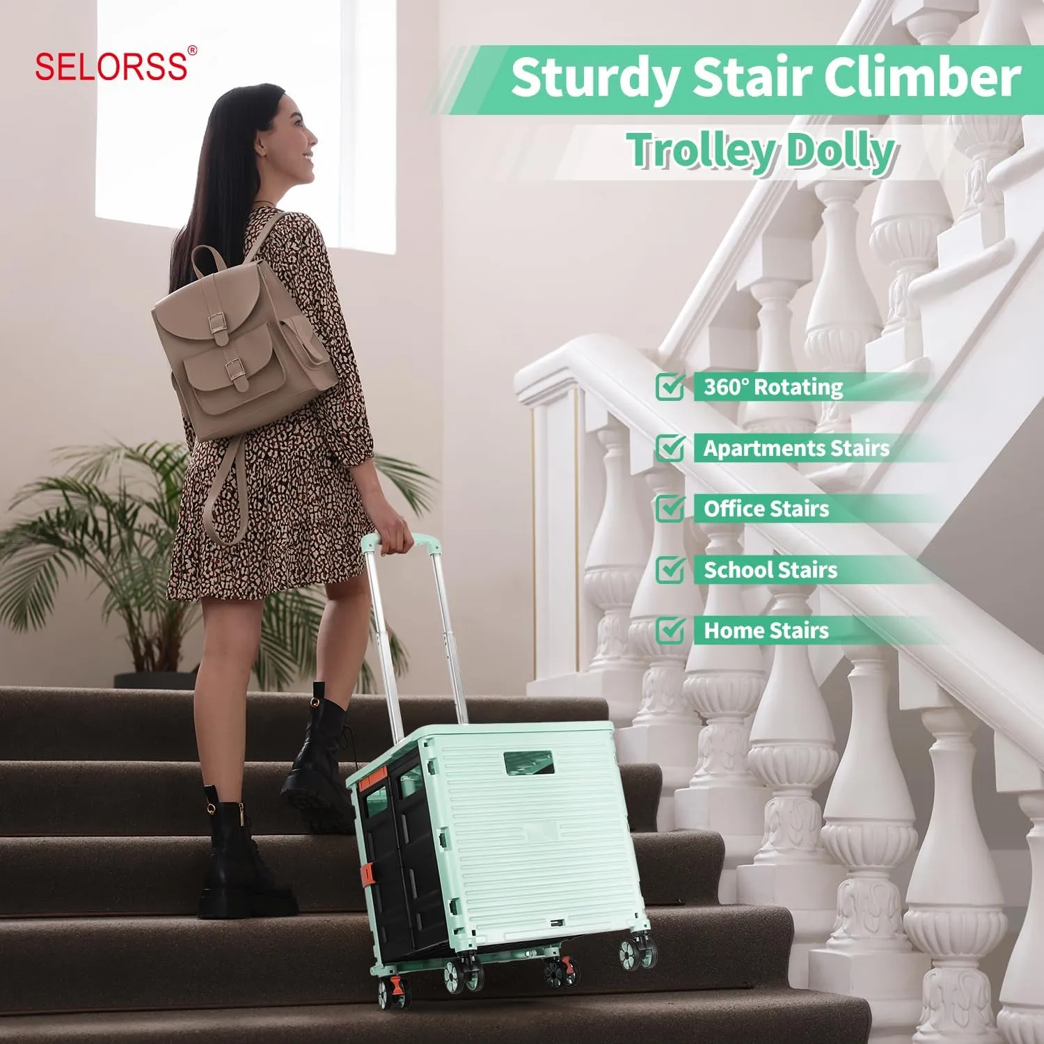 Rolling Crate Utility Cart Collapsible Tote Basket Teacher Cart with Lid Wear-Resistant Noiseless 360°Rotate Wheel Telescoping Handle for Trave Moving Luggage Use(Green,110lbs)