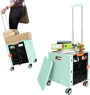 Rolling Crate Utility Cart Collapsible Tote Basket Teacher Cart with Lid Wear-Resistant Noiseless 360°Rotate Wheel Telescoping Handle for Trave Moving Luggage Use(Green,110lbs)