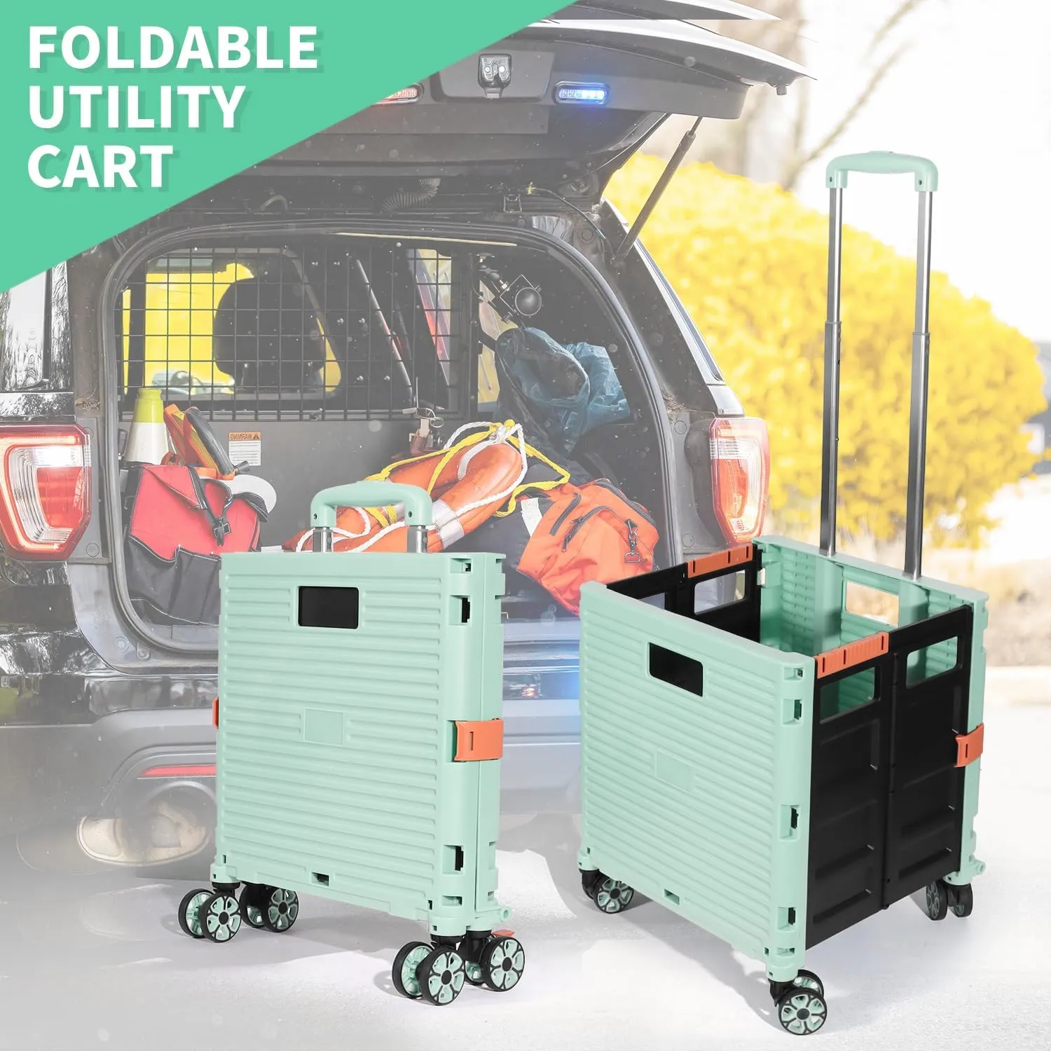 Rolling Crate Utility Cart Collapsible Tote Basket Teacher Cart with Lid Wear-Resistant Noiseless 360°Rotate Wheel Telescoping Handle for Trave Moving Luggage Use(Green,110lbs)