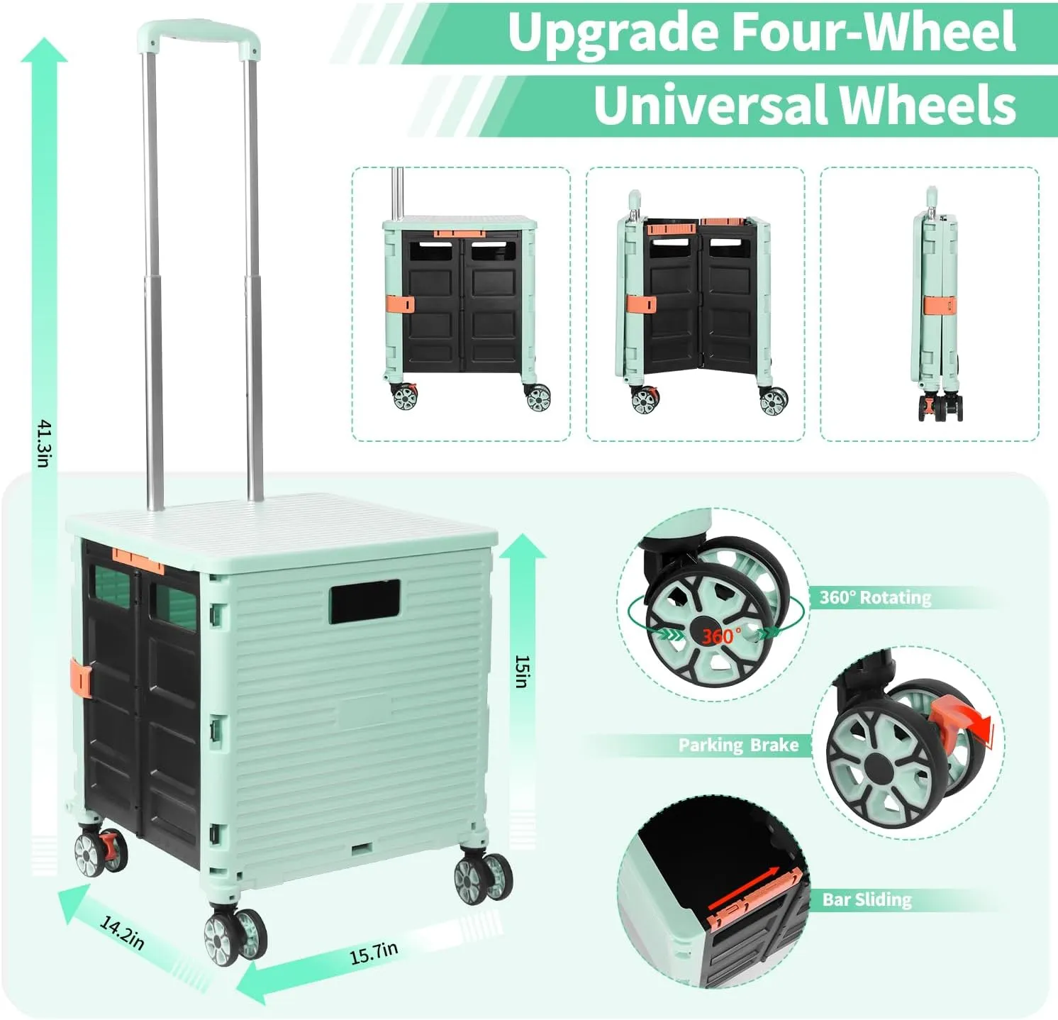 Rolling Crate Utility Cart Collapsible Tote Basket Teacher Cart with Lid Wear-Resistant Noiseless 360°Rotate Wheel Telescoping Handle for Trave Moving Luggage Use(Green,110lbs)