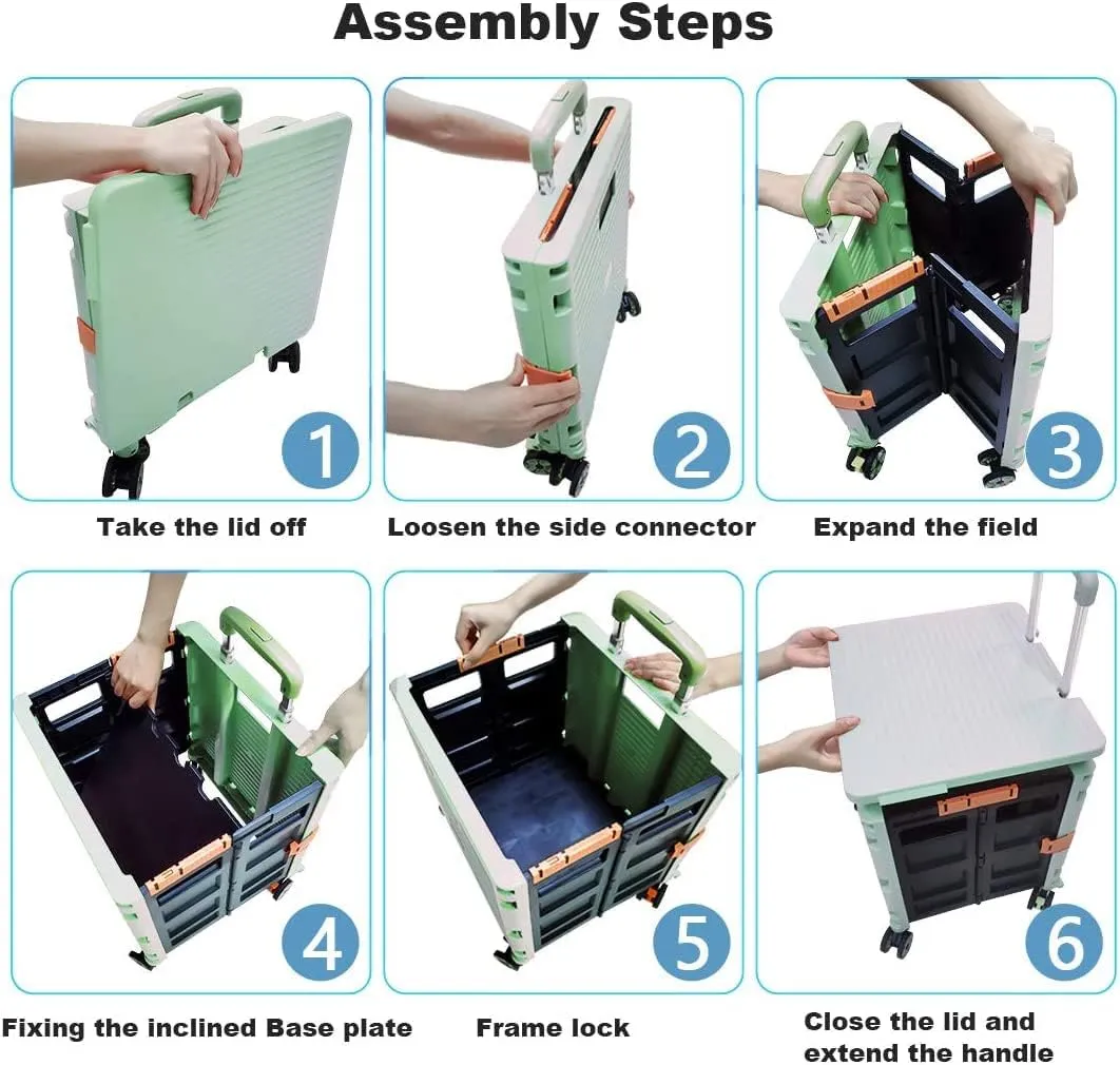 Rolling Crate Utility Cart Collapsible Tote Basket Teacher Cart with Lid Wear-Resistant Noiseless 360°Rotate Wheel Telescoping Handle for Trave Moving Luggage Use(Green,110lbs)