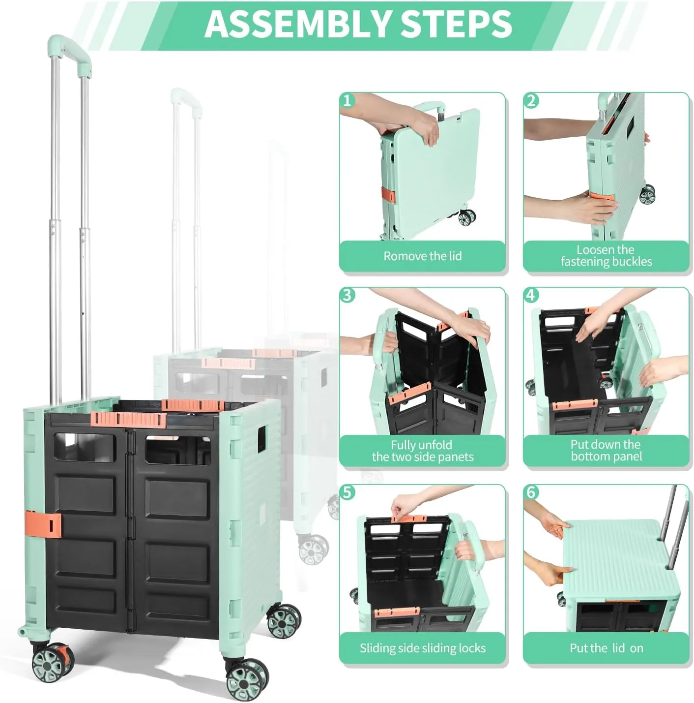 Rolling Crate Utility Cart Collapsible Tote Basket Teacher Cart with Lid Wear-Resistant Noiseless 360°Rotate Wheel Telescoping Handle for Trave Moving Luggage Use(Green,110lbs)