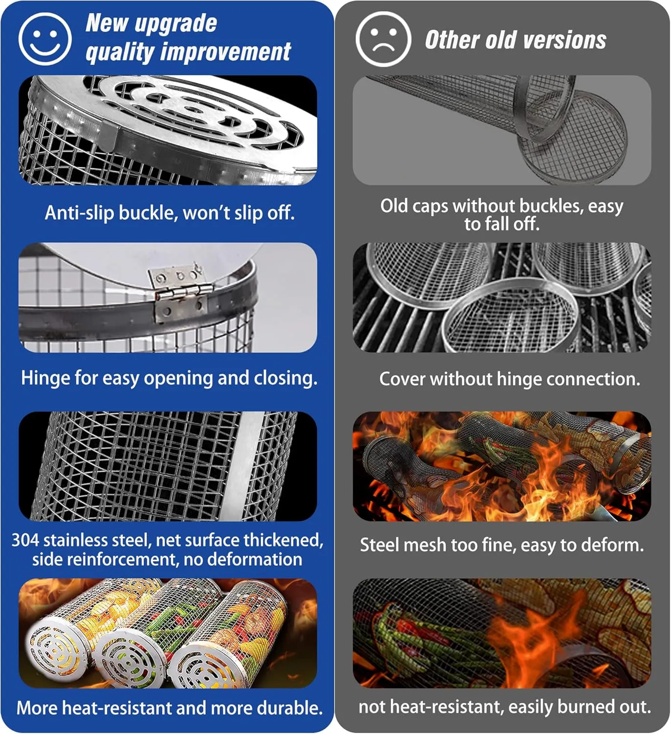 Rolling Grilling Baskets for Outdoor Grill Bbq Net Tube Must Have Large Round Mesh Barbecue Cylinder Cage Essentials Gadgets Cooking Accessories for Picnic Veggies Vegetable Fish Meat, Gift for Men