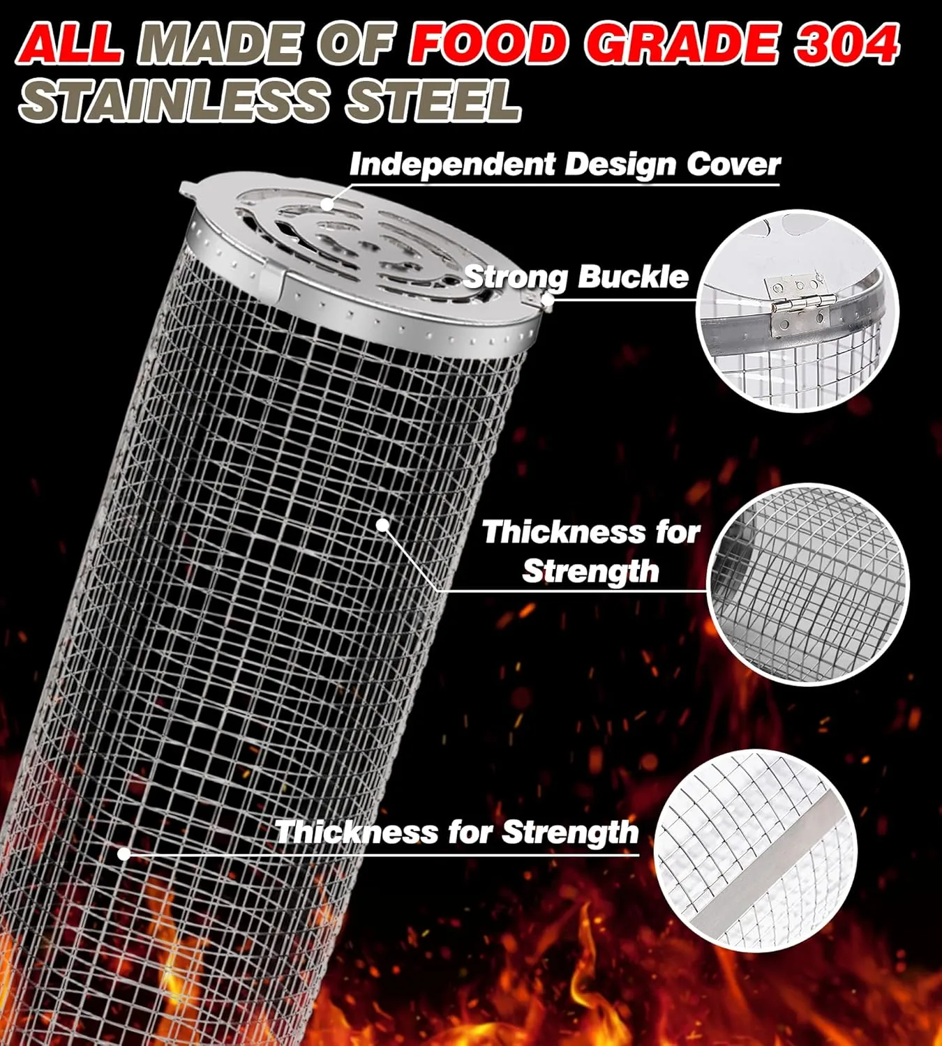 Rolling Grilling Baskets for Outdoor Grill Bbq Net Tube Must Have Large Round Mesh Barbecue Cylinder Cage Essentials Gadgets Cooking Accessories for Picnic Veggies Vegetable Fish Meat, Gift for Men