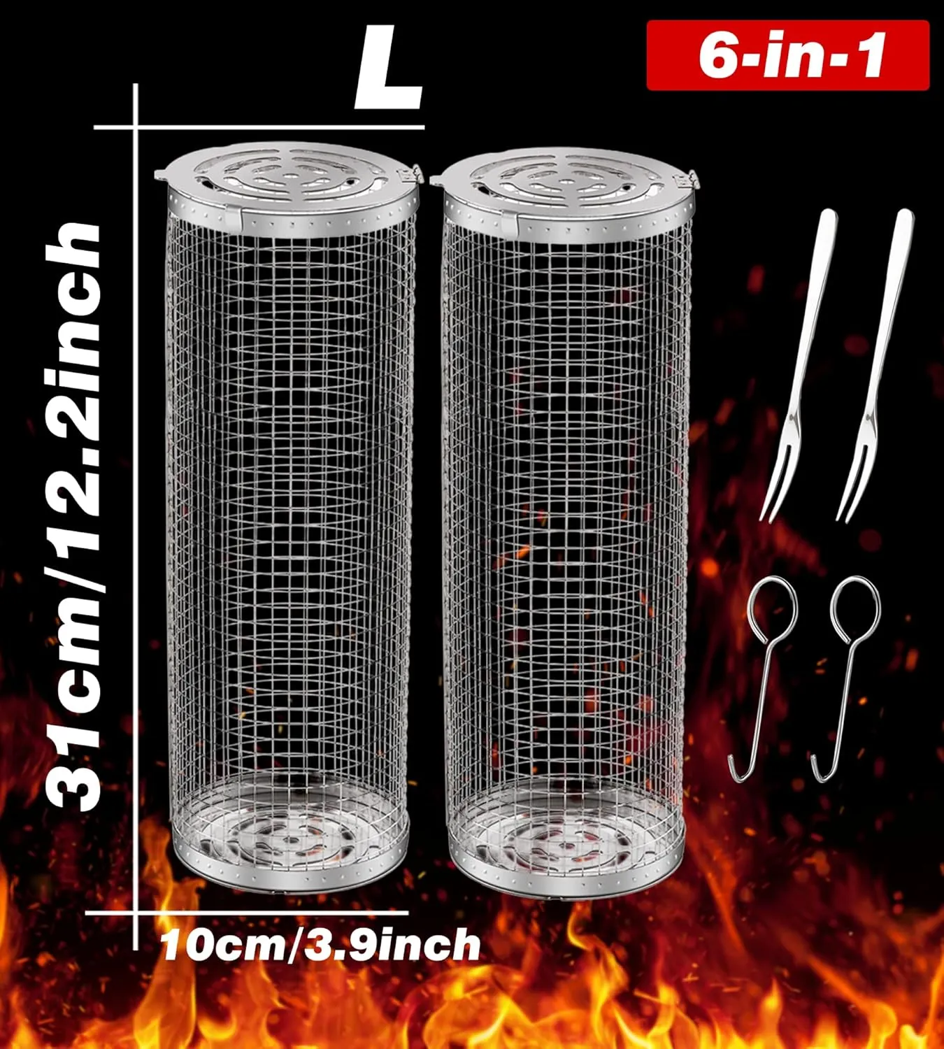 Rolling Grilling Baskets for Outdoor Grill Bbq Net Tube Must Have Large Round Mesh Barbecue Cylinder Cage Essentials Gadgets Cooking Accessories for Picnic Veggies Vegetable Fish Meat, Gift for Men