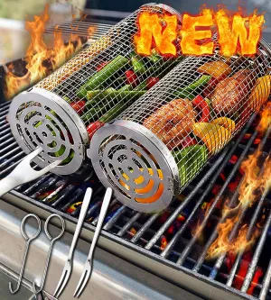 Rolling Grilling Baskets for Outdoor Grill Bbq Net Tube Must Have Large Round Mesh Barbecue Cylinder Cage Essentials Gadgets Cooking Accessories for Picnic Veggies Vegetable Fish Meat, Gift for Men