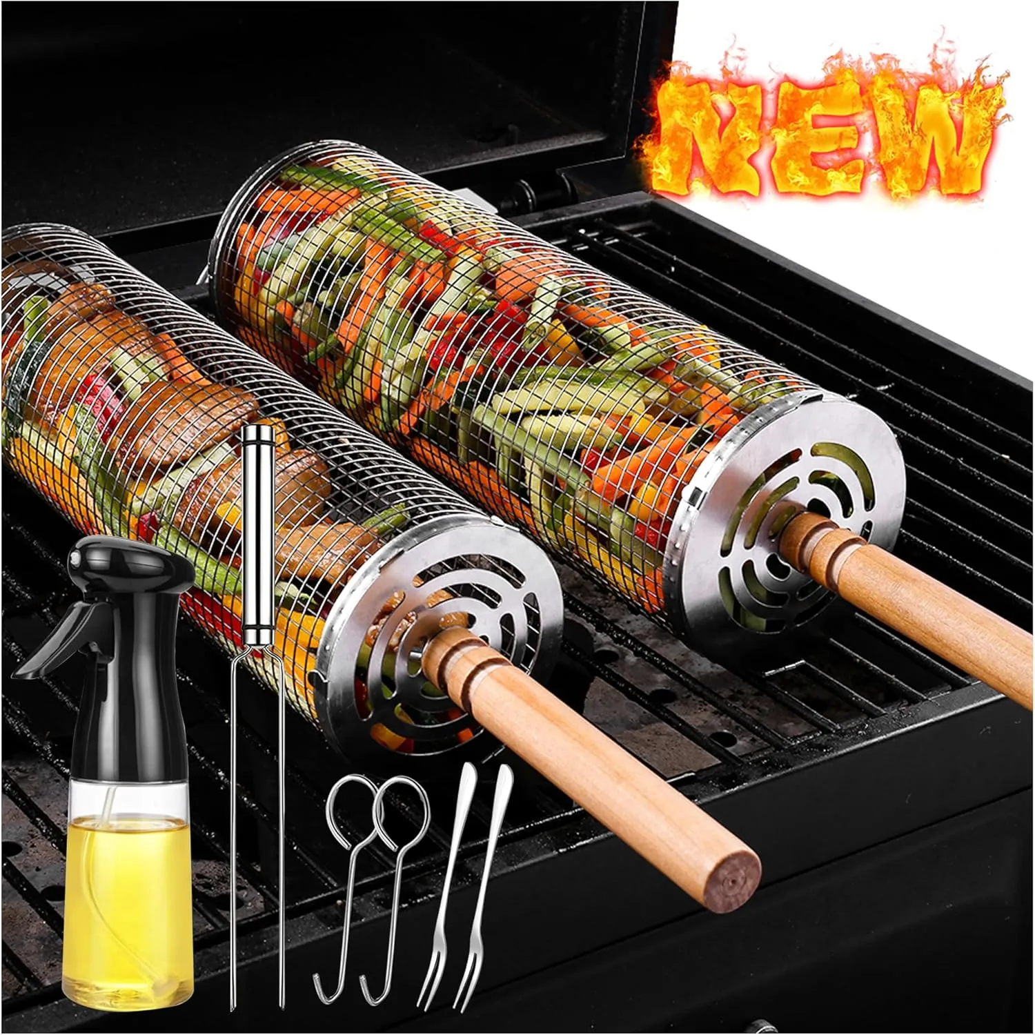 Rolling Grilling Baskets for Outdoor Grill Bbq Net Tube Stainless Steel Large Round Mesh Barbecue Accessories Must Have Cylinder Cage Picnic Gear Cooking Camping Basket for Veggies Vegetable Fish