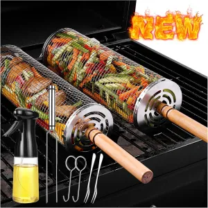 Rolling Grilling Baskets for Outdoor Grill Bbq Net Tube Stainless Steel Large Round Mesh Barbecue Accessories Must Have Cylinder Cage Picnic Gear Cooking Camping Basket for Veggies Vegetable Fish