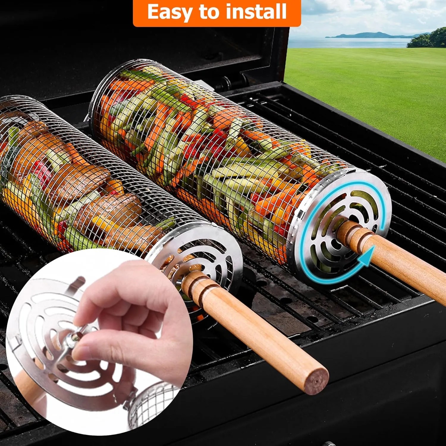 Rolling Grilling Baskets for Outdoor Grill Bbq Net Tube Stainless Steel Large Round Mesh Barbecue Accessories Must Have Cylinder Cage Picnic Gear Cooking Camping Basket for Veggies Vegetable Fish
