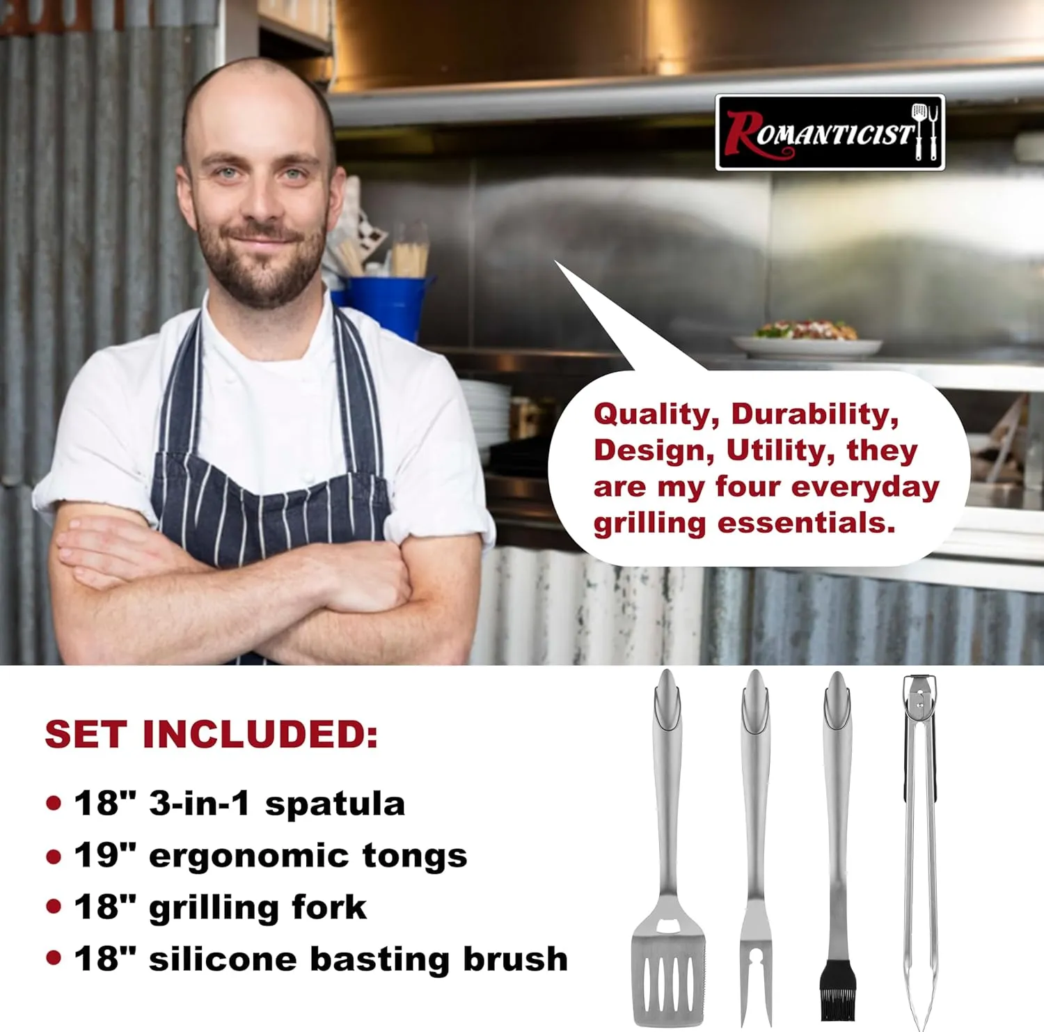 ROMANTICIST 4pc Heavy Duty Grill Accessories for Top Chef - Professional Grill Tools Set & Basic BBQ Tools for Backyard Restaurant Outdoor Kitchen - Deluxe Grill Gift for Dad on Father’s Day Birthday