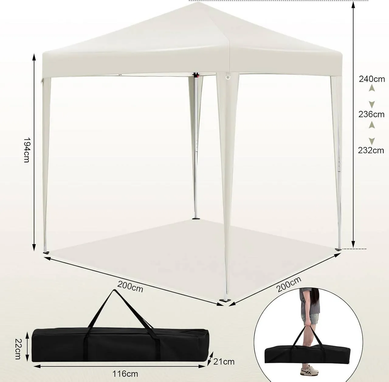 Rootz Outdoor Gazebo - Garden Canopy - Sun Shelter - Rustproof - UV Protection - 2m x 2m x 2.4m