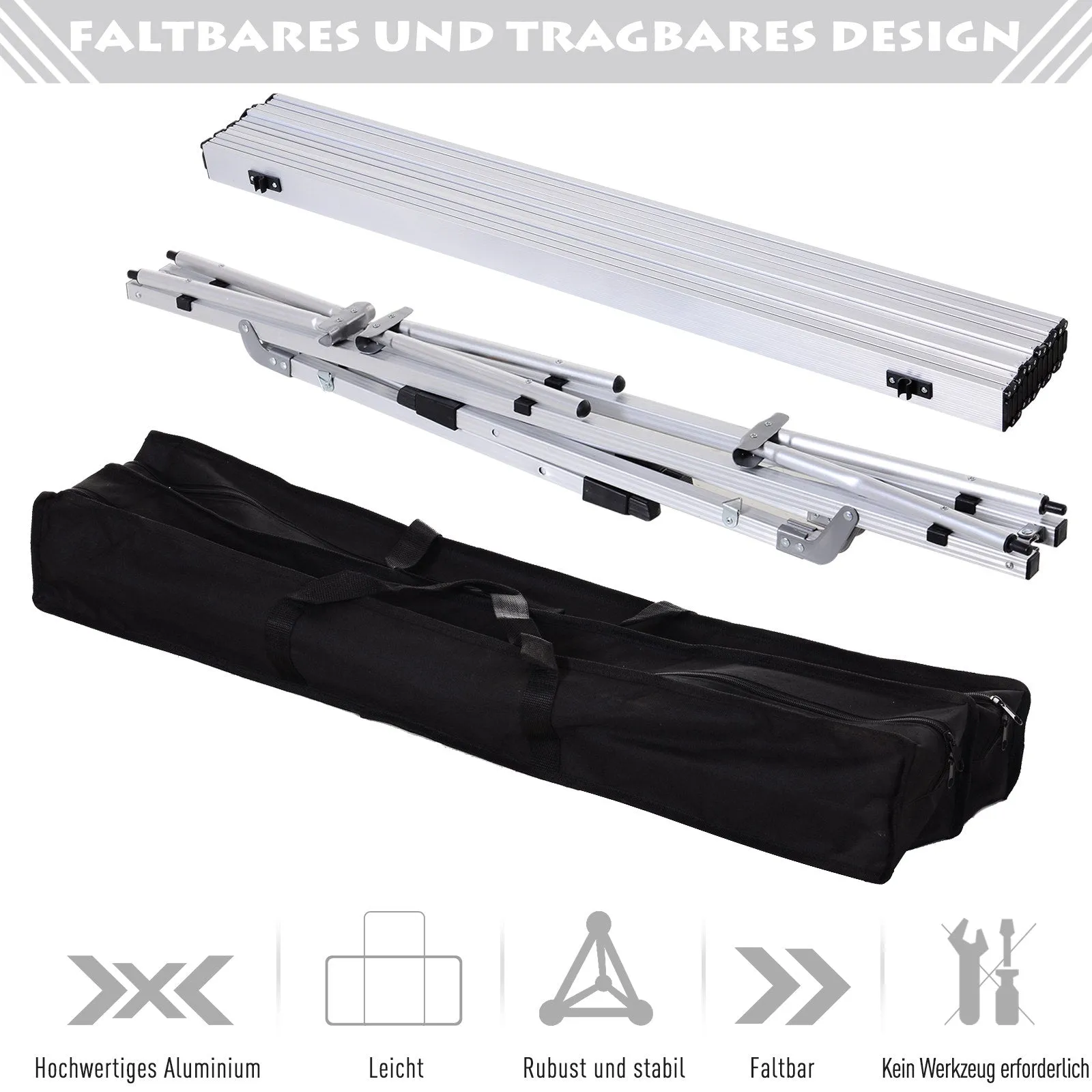 Rootz Picnic Folding Table - Height-Adjustable Camping Table - Portable Table - Aluminum - 120 x 70 x 58-73 cm - Includes Carrying Bag