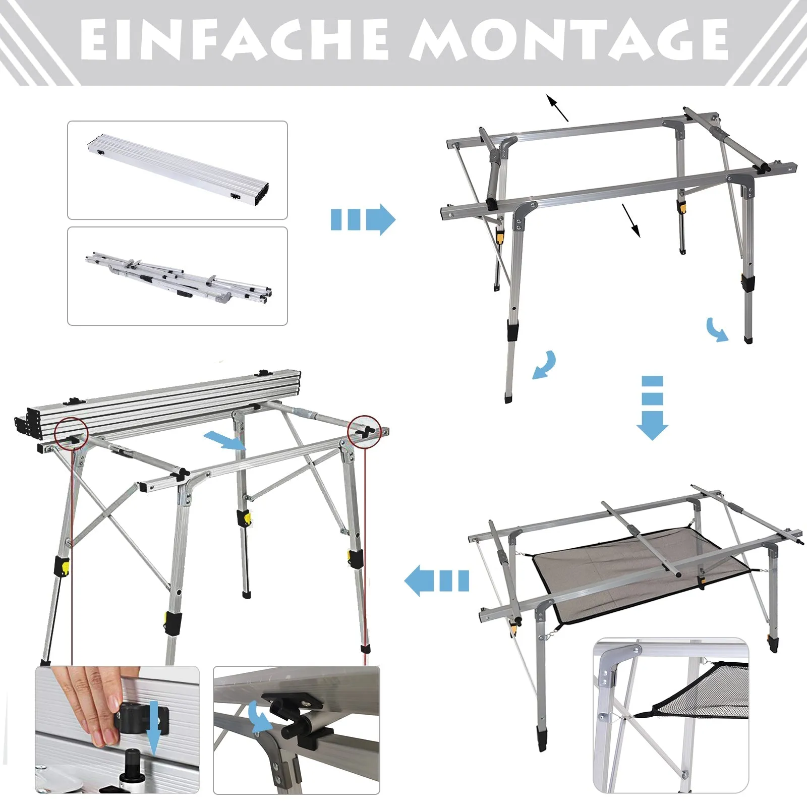 Rootz Picnic Folding Table - Height-Adjustable Camping Table - Portable Table - Aluminum - 120 x 70 x 58-73 cm - Includes Carrying Bag