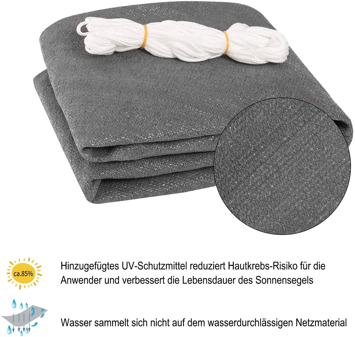 Rootz Sun Sail Shade Canopy - UV Protection - Tear-Resistant - Easy Installation - HDPE Fabric - 180g/m² - Gray - 3 Eyelets - 1.5m Ropes - 180cm x 180cm