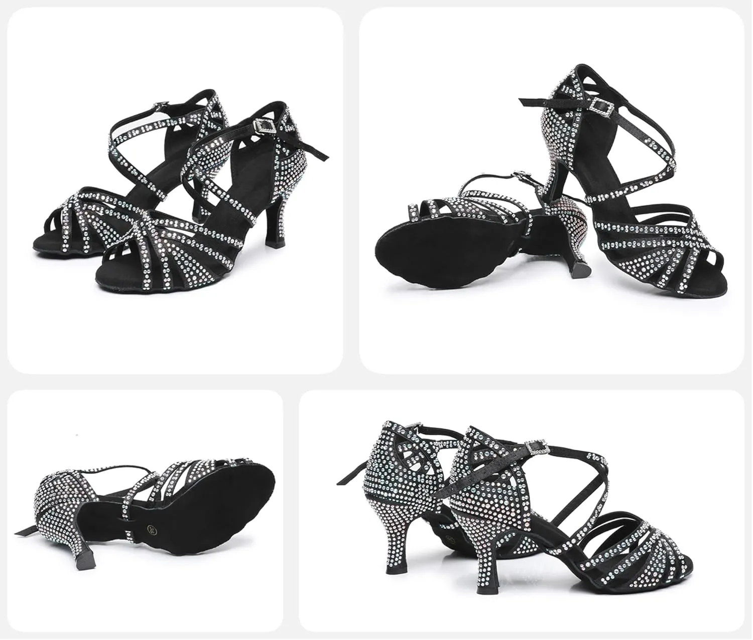 Rosefinch Women's Latin Dance Rhinestone Shoes - Soft Bottom Modern Pole Ballroom Wedding High Heel Adjustable for Girls Ladies