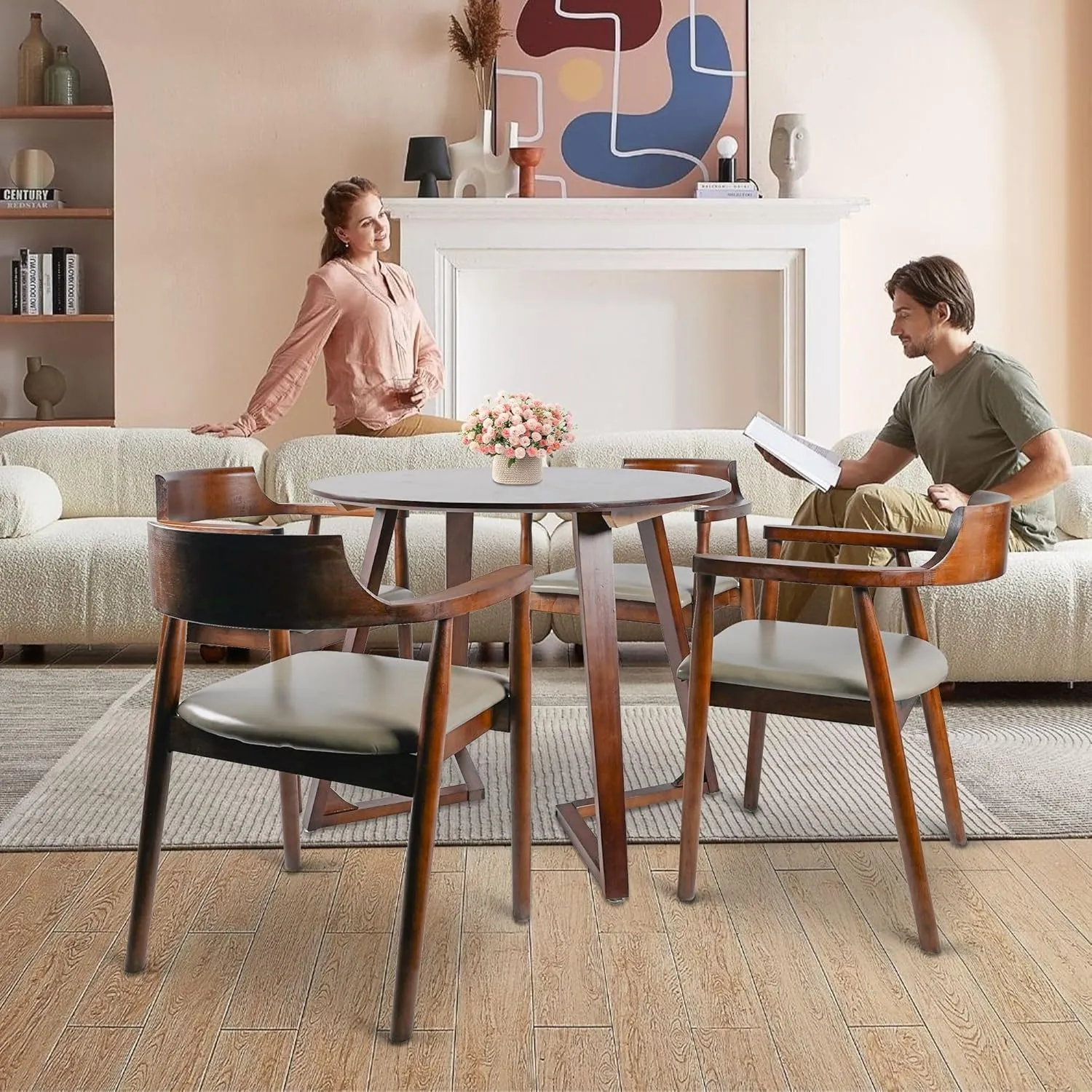 Round Dining Table for 6,Mid Century Modern Dining Room Table,Coffee Table,Walnut Dining Table for Dining Room,Kitchen,Living Room,Easy Assembly,Wooden Frame,47”