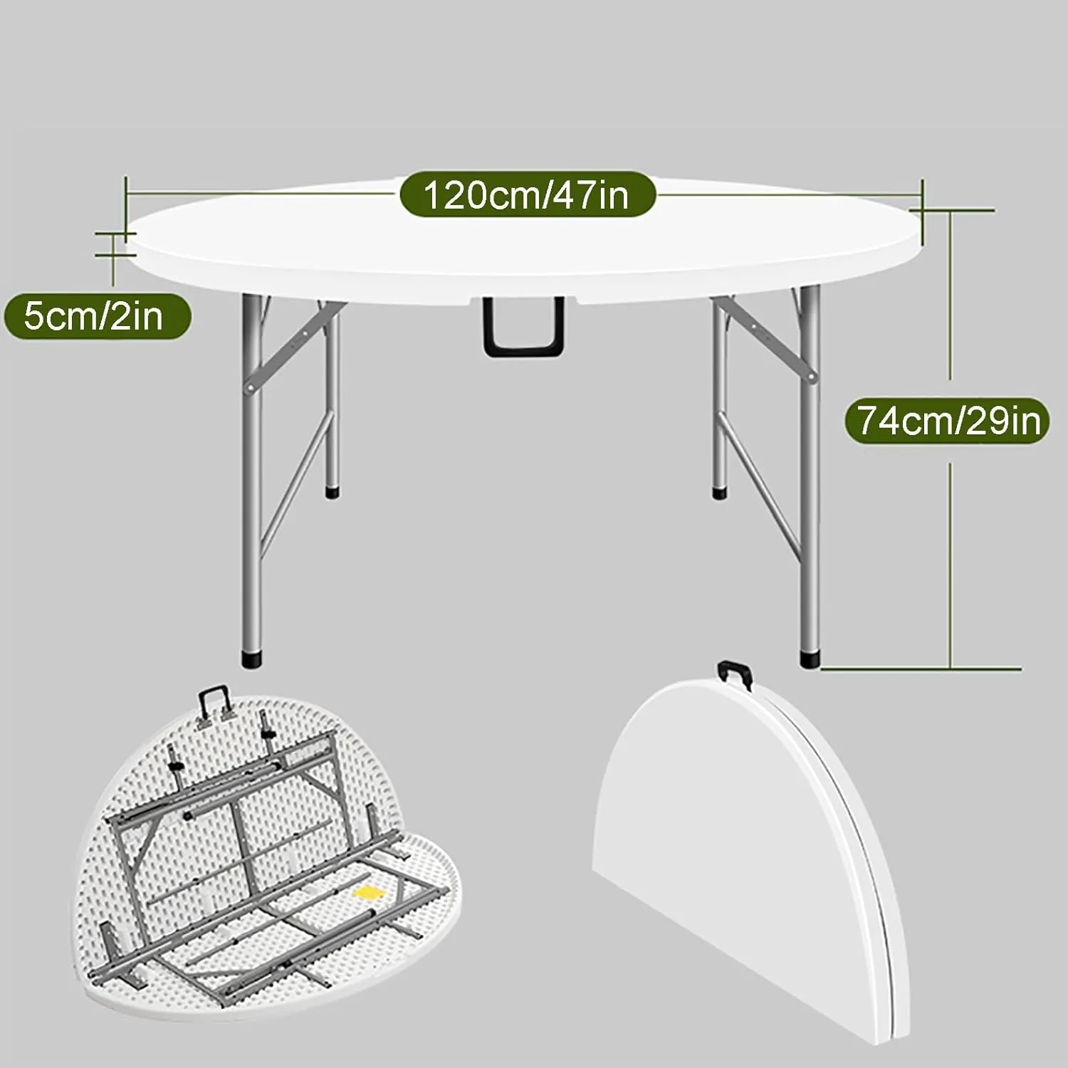 Round Folding Table, Folding Picnic Table for Outdoor with Handle, Portable Outdoor Table with Metal Bracket, 300Kg Load Bearing, Camping Accessories for Home Picnic BBQ Garden(Gris,120x74cm/47x29in)
