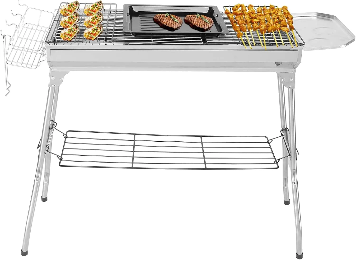 ROVSUN Stainless Steel Barbecue Grill, BBQ Charcoal Foldable&Portable Grill, Great for Outdoor Cooking Camping Hiking Picnics Tailgating, 39.3"×12.2"×27.9", Silver