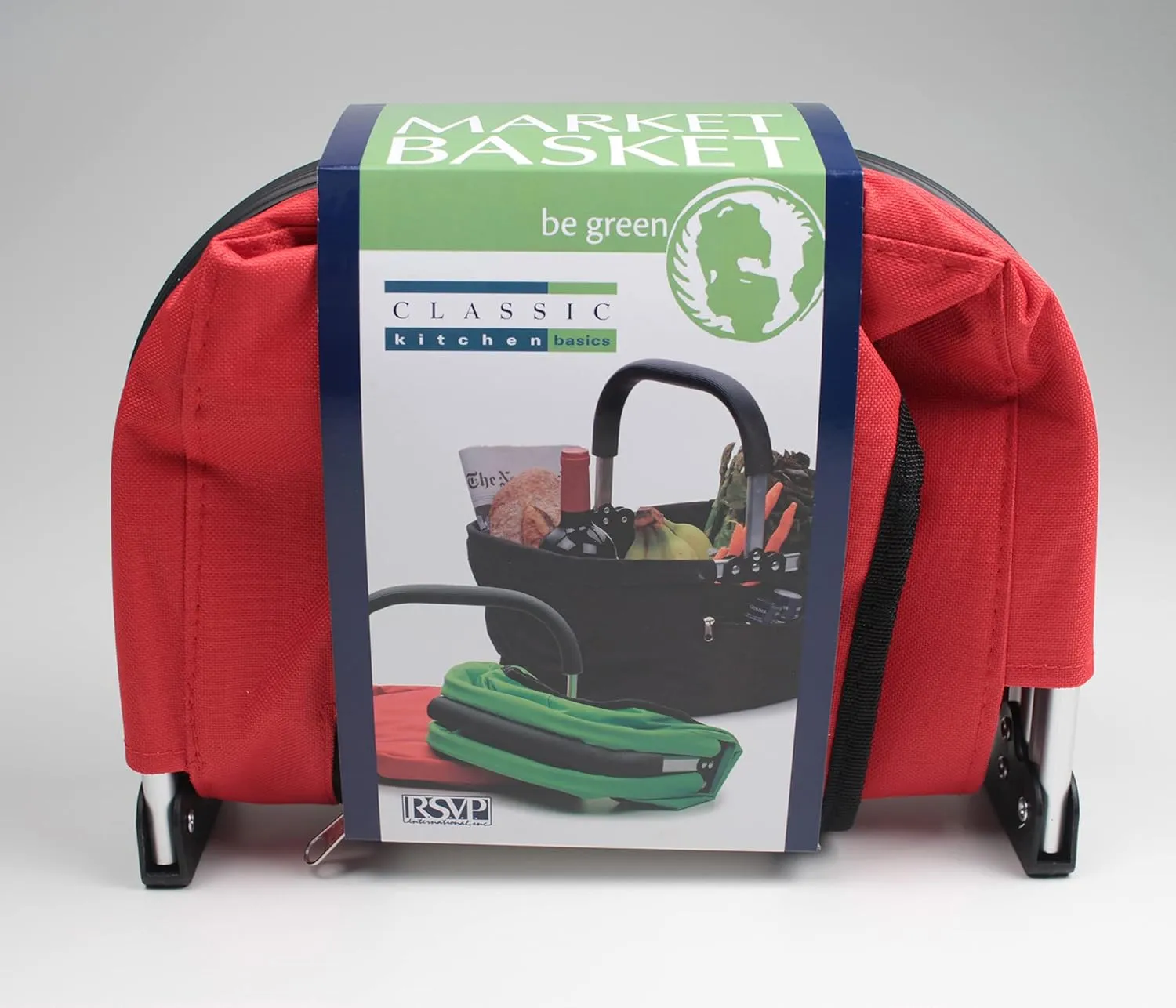 RSVP International Collapsible Market Basket Aluminum Frame, Large Zip Side Pocket, 17x11x18", Red