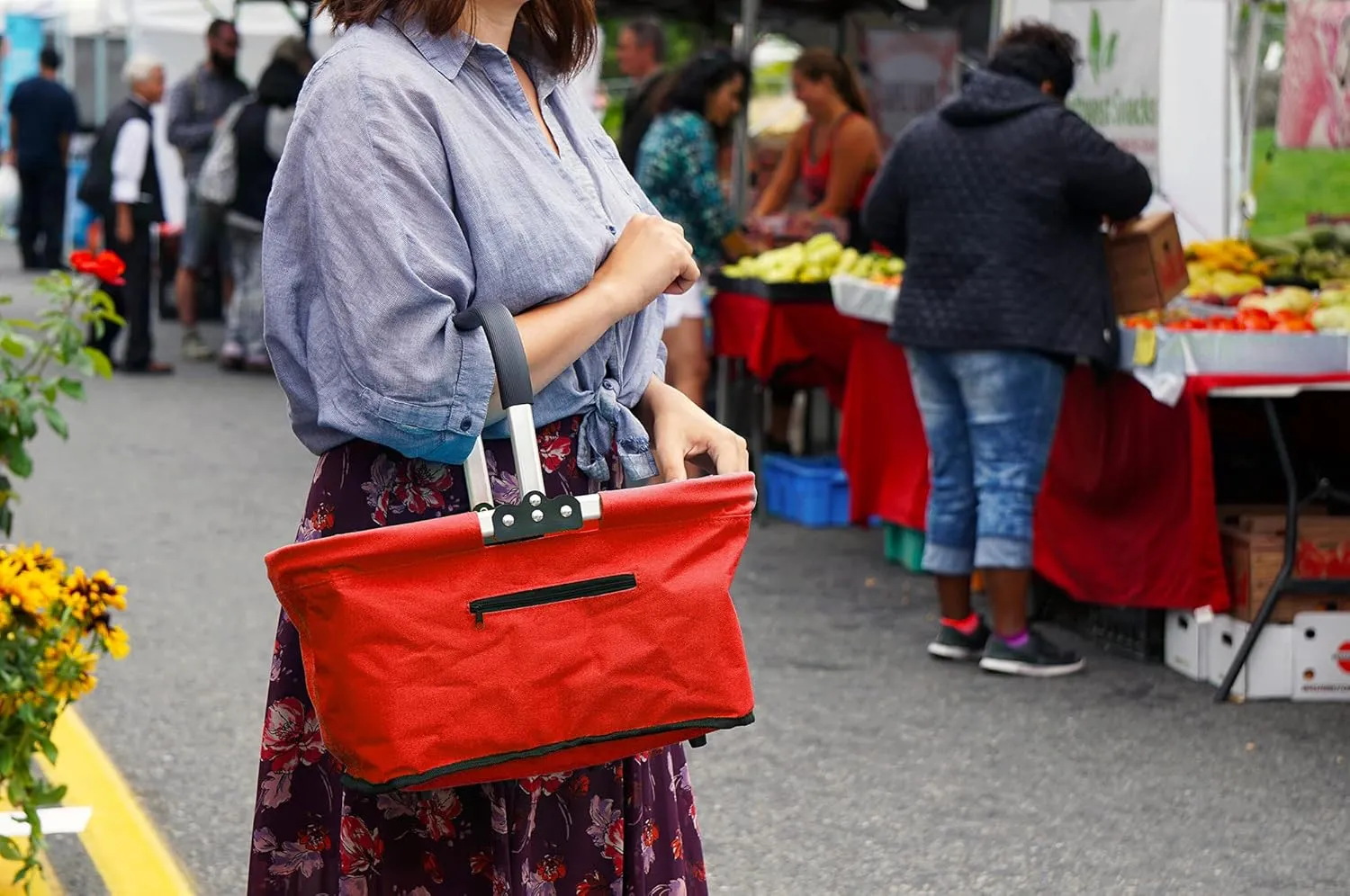 RSVP International Collapsible Market Basket Aluminum Frame, Large Zip Side Pocket, 17x11x18", Red