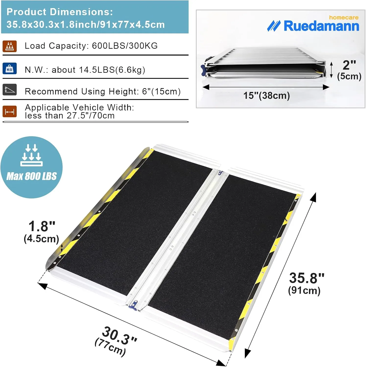 Ruedamann 3FT Portable Wheelchair Ramp, 30 1/4 inches Wider Folding Ramps for Home Steps, Non-Slip Aluminum Wheelchair Ramps for Doorways, Strollers, Stairs, Scooters, Car, Curbs