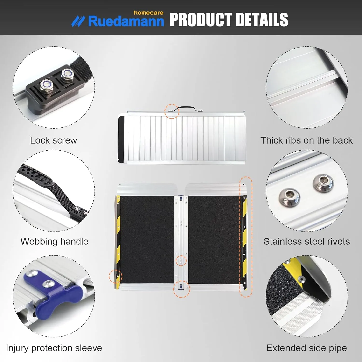 Ruedamann 3FT Portable Wheelchair Ramp, 30 1/4 inches Wider Folding Ramps for Home Steps, Non-Slip Aluminum Wheelchair Ramps for Doorways, Strollers, Stairs, Scooters, Car, Curbs