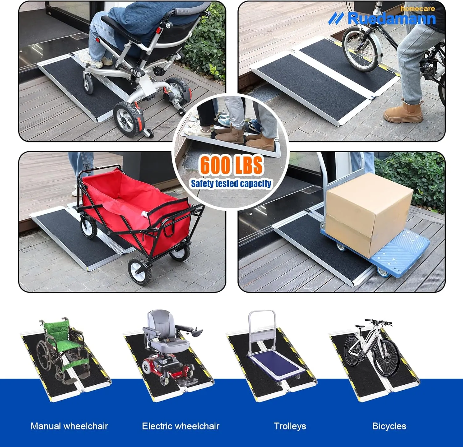 Ruedamann 3FT Portable Wheelchair Ramp, 30 1/4 inches Wider Folding Ramps for Home Steps, Non-Slip Aluminum Wheelchair Ramps for Doorways, Strollers, Stairs, Scooters, Car, Curbs