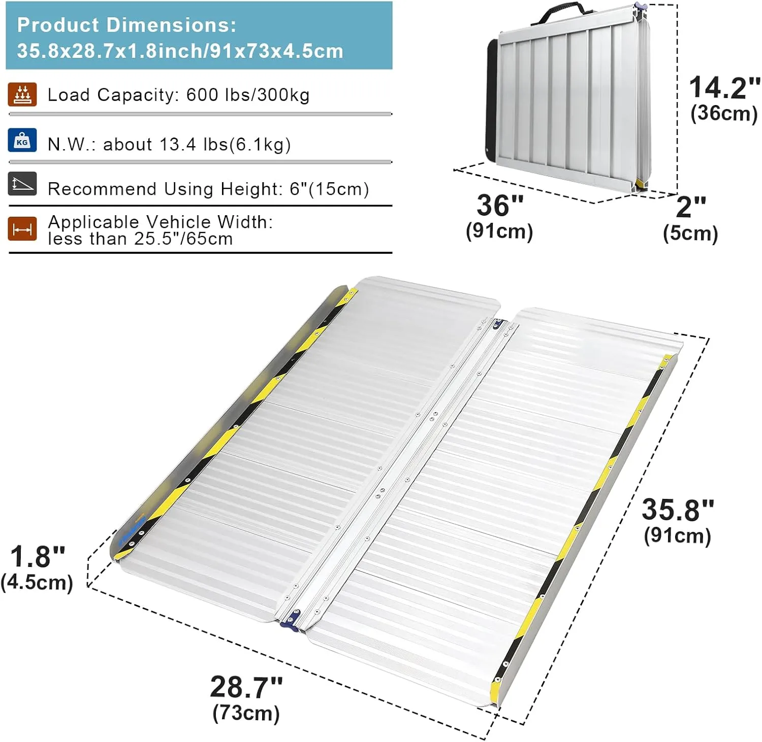 Ruedamann Aluminum Wheelchair Ramp,3 FT Folding Threshold Ramps for Doorways, 600 lb Capacity, Anti-Skid Pad, Webbing Handle, Mute Pad for Wheelchairs, Steps, Doorways, Threshold Ramp, 1PC