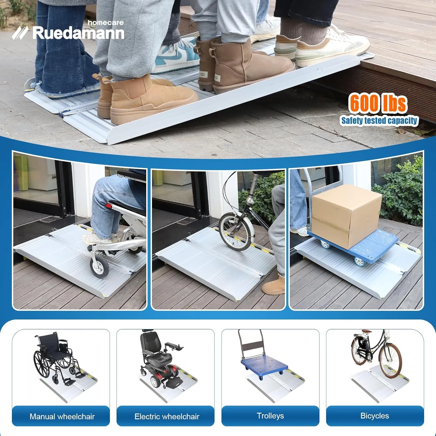 Ruedamann Aluminum Wheelchair Ramp,3 FT Folding Threshold Ramps for Doorways, 600 lb Capacity, Anti-Skid Pad, Webbing Handle, Mute Pad for Wheelchairs, Steps, Doorways, Threshold Ramp, 1PC