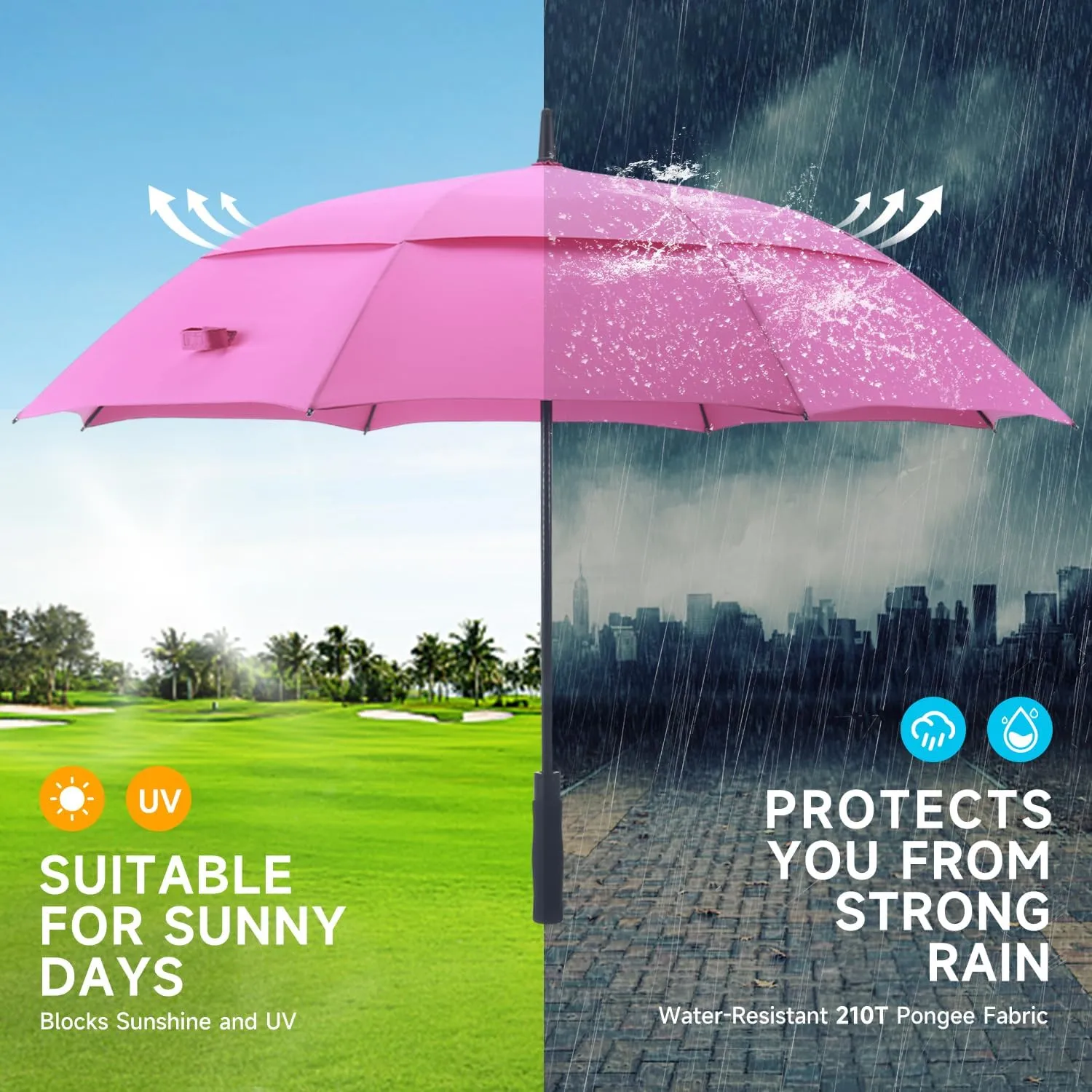 RUMBRELLA 55/62 Inch UV Golf Umbrella Large Oversize Double Canopy Vented Windproof Auto Open Stick Umbrella
