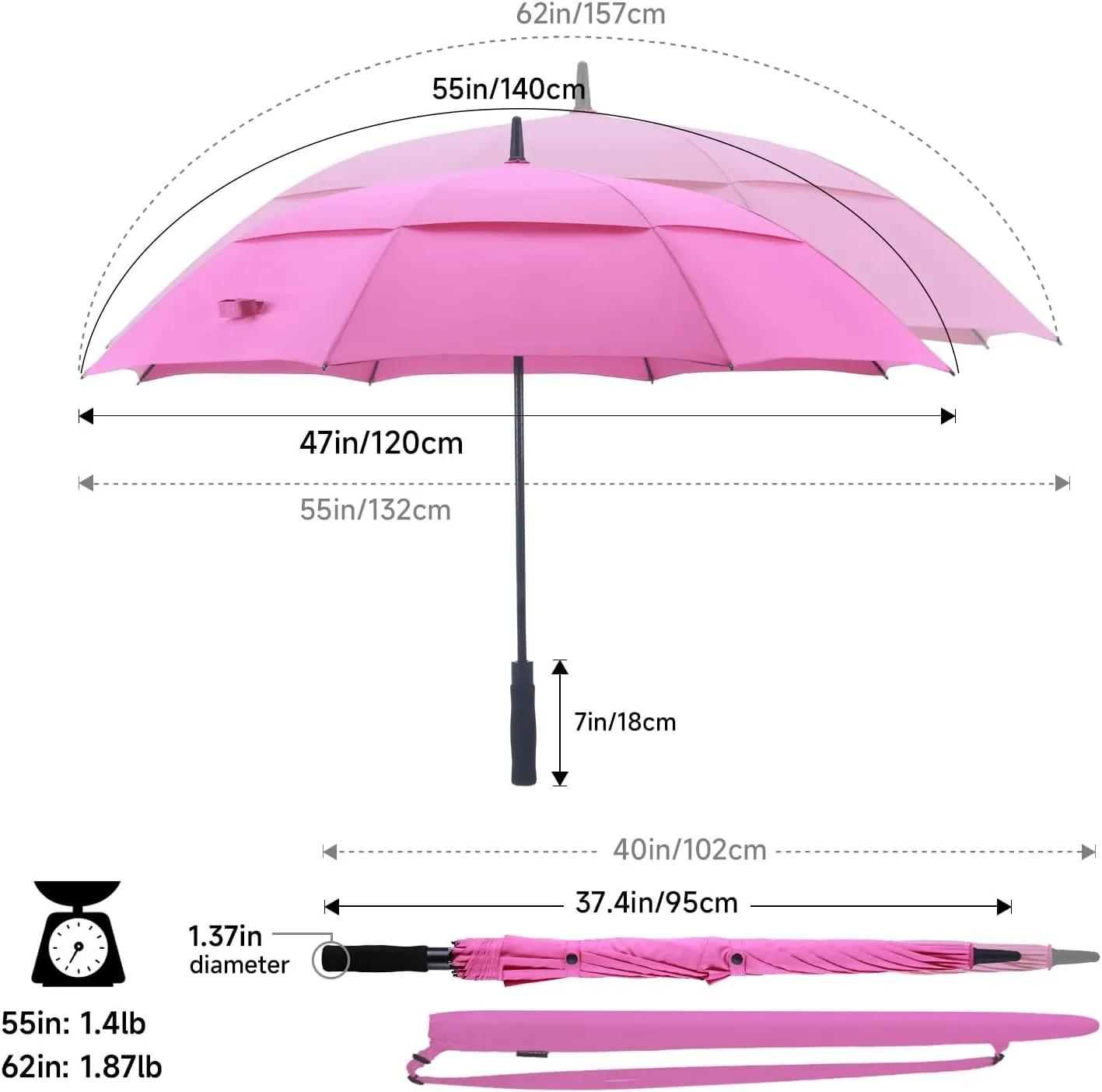 RUMBRELLA 55/62 Inch UV Golf Umbrella Large Oversize Double Canopy Vented Windproof Auto Open Stick Umbrella