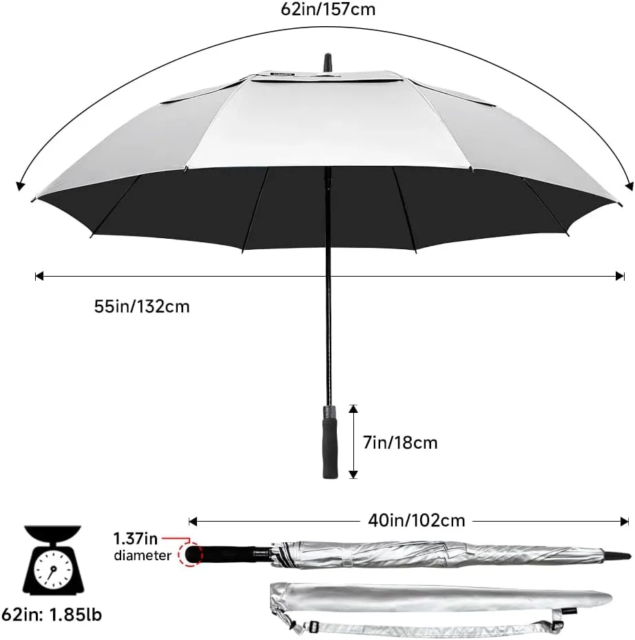 RUMBRELLA 55/62 Inch UV Golf Umbrella Large Oversize Double Canopy Vented Windproof Auto Open Stick Umbrella