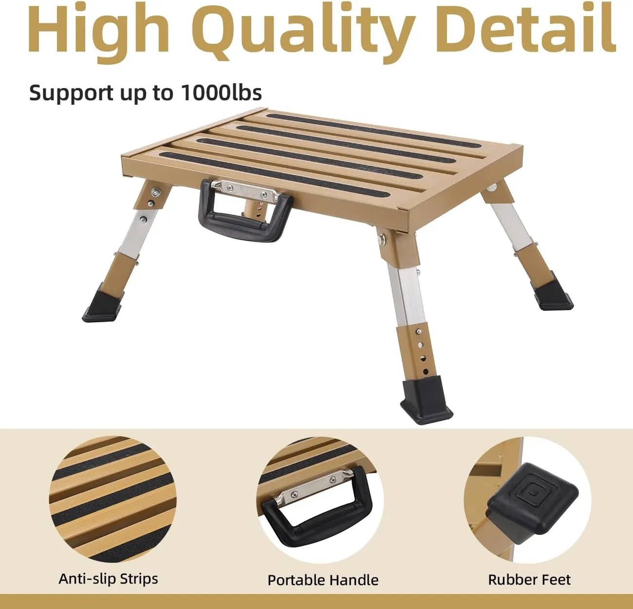 RV Steps Aluminum Adjustable Stable Step with Portable Handle Supports Up to 1000 lb(Gold)