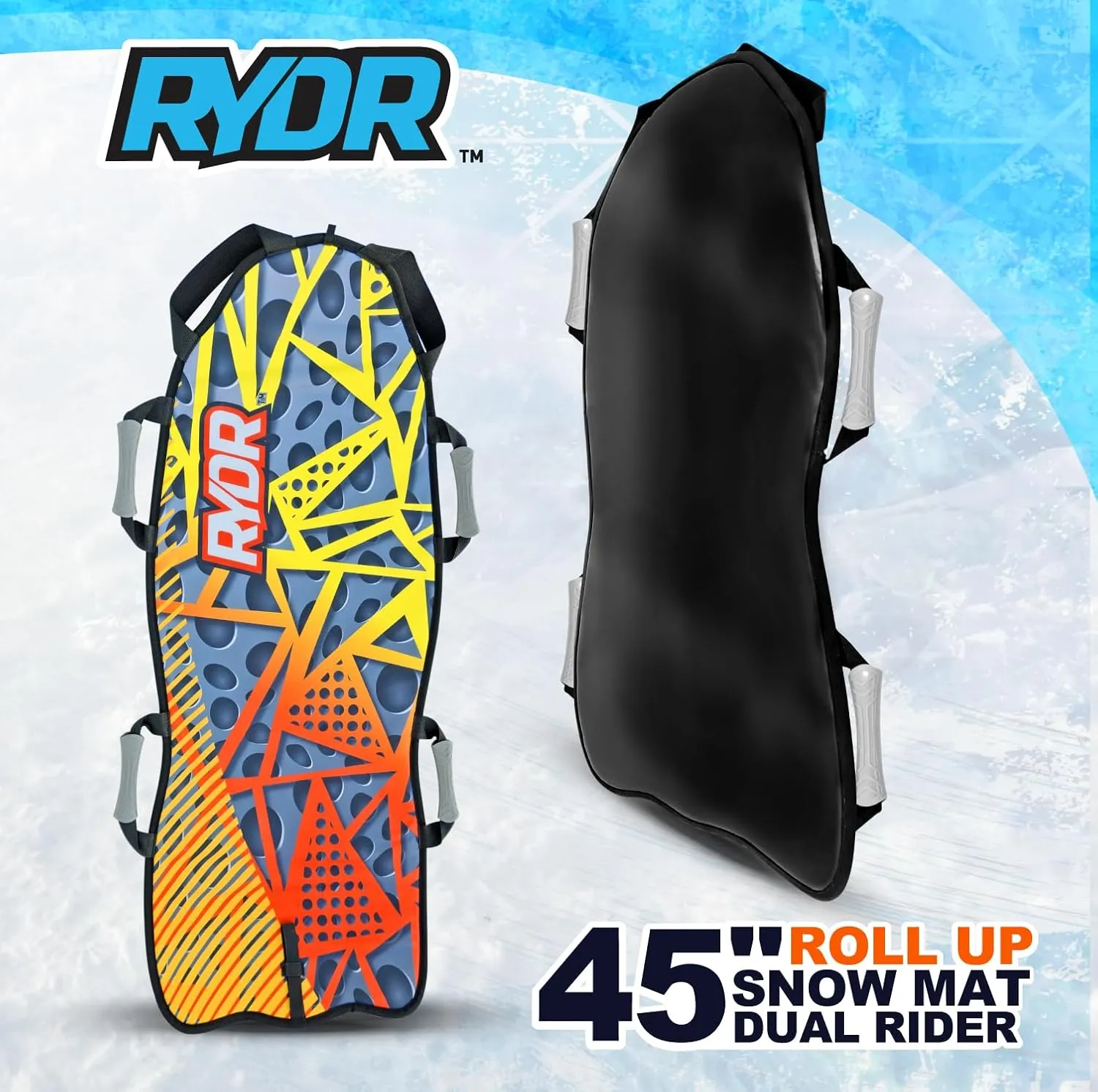 RYDR 45 Inch Snow Mat - Roll Up Snow sled - 2 Rider - Dual Grip Handles - Easy Storage - Kids Downhill Toboggan Winter Sleds Plastic Sledding for Children (Geometric)