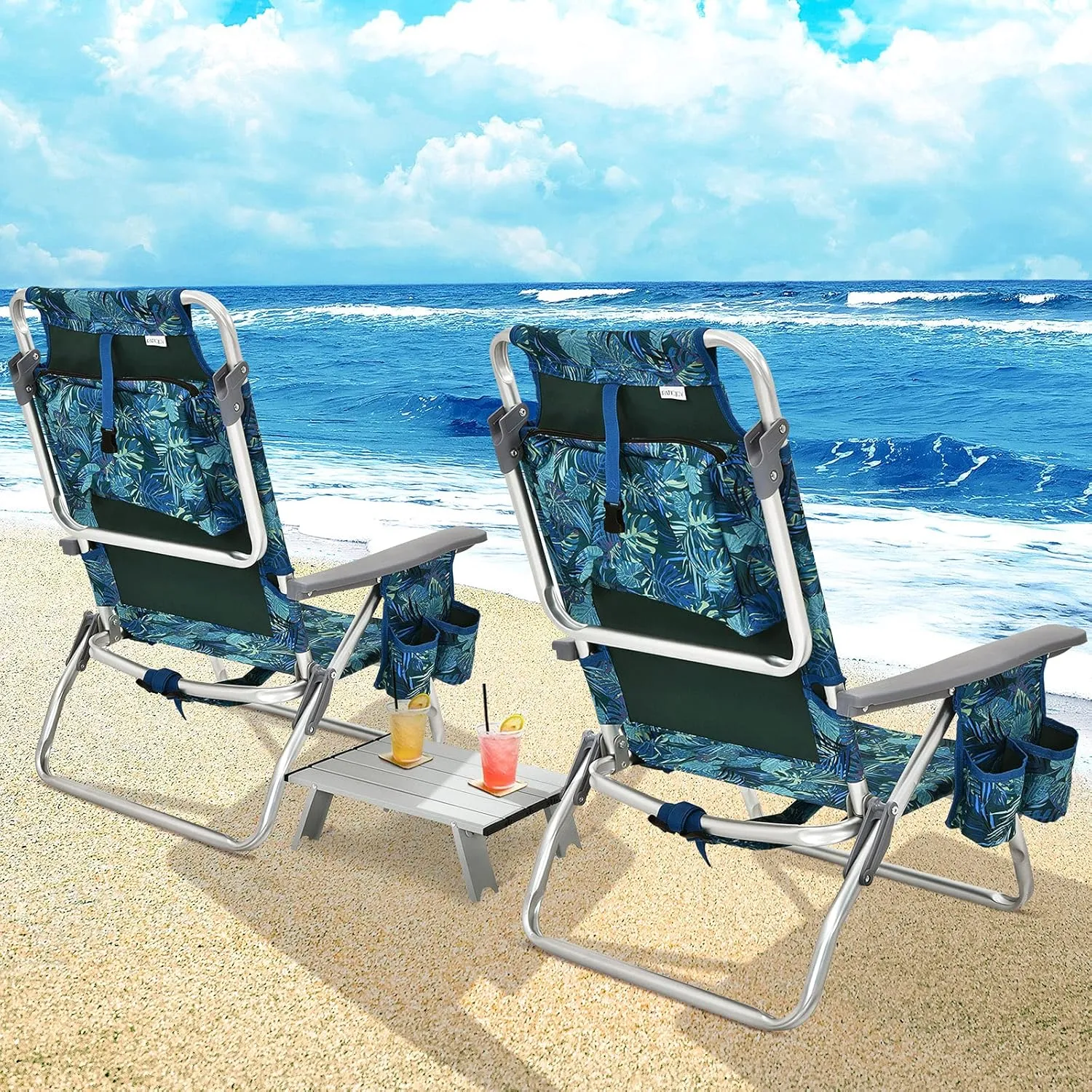 S AFSTAR Folding Beach Chair Set, 2 Pack Folding Chair and Aluminum Small Table, 5-Position Adjustable Camping Chairs with Ice Bag, Comfort Pillow, 3 PCS Backpack Recline Beach Chairs (Navy Pattern)