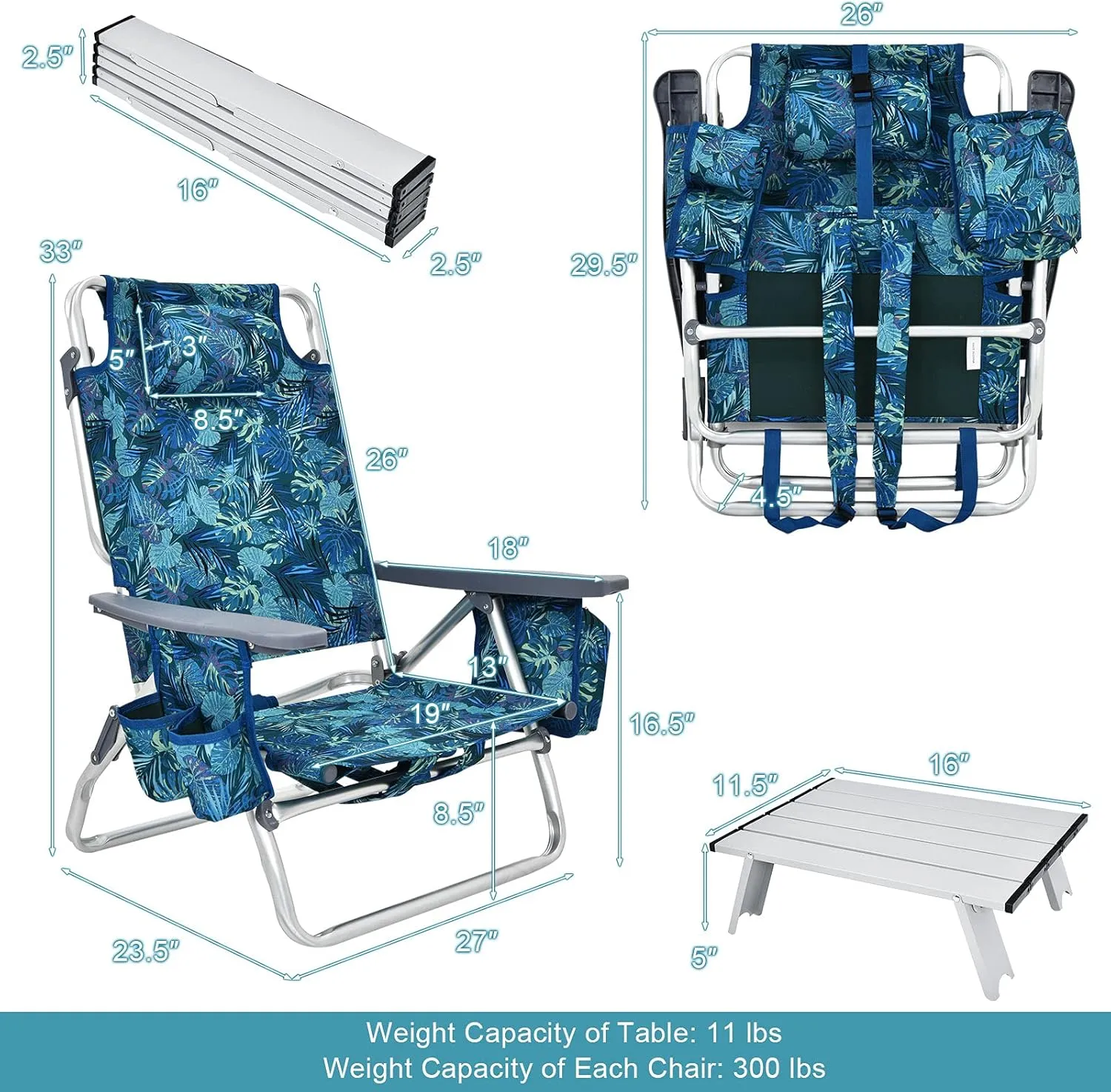 S AFSTAR Folding Beach Chair Set, 2 Pack Folding Chair and Aluminum Small Table, 5-Position Adjustable Camping Chairs with Ice Bag, Comfort Pillow, 3 PCS Backpack Recline Beach Chairs (Navy Pattern)